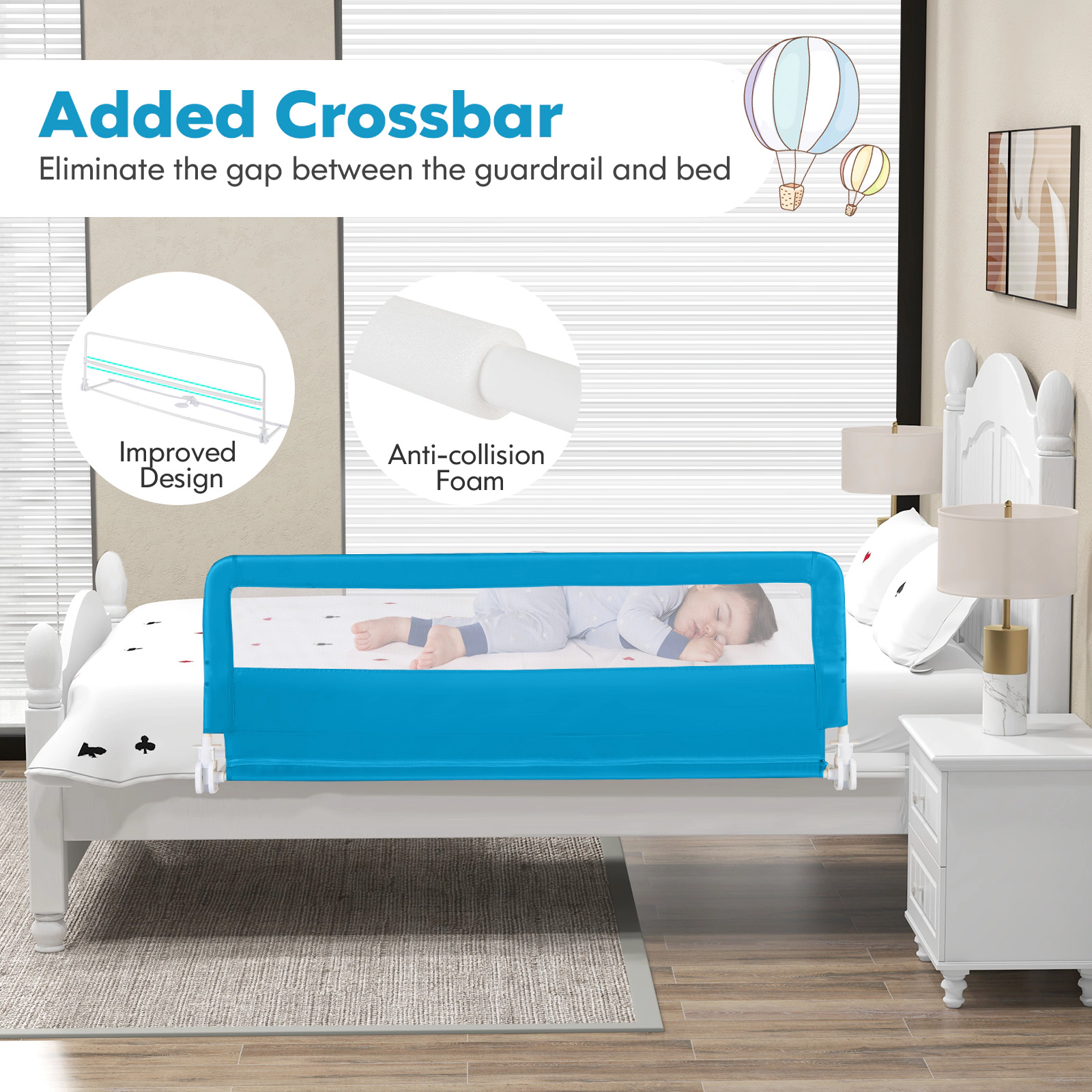 SUGIFT Blue Breathable Safety Strap 59 Inch Folding Baby Bed Rail Guard