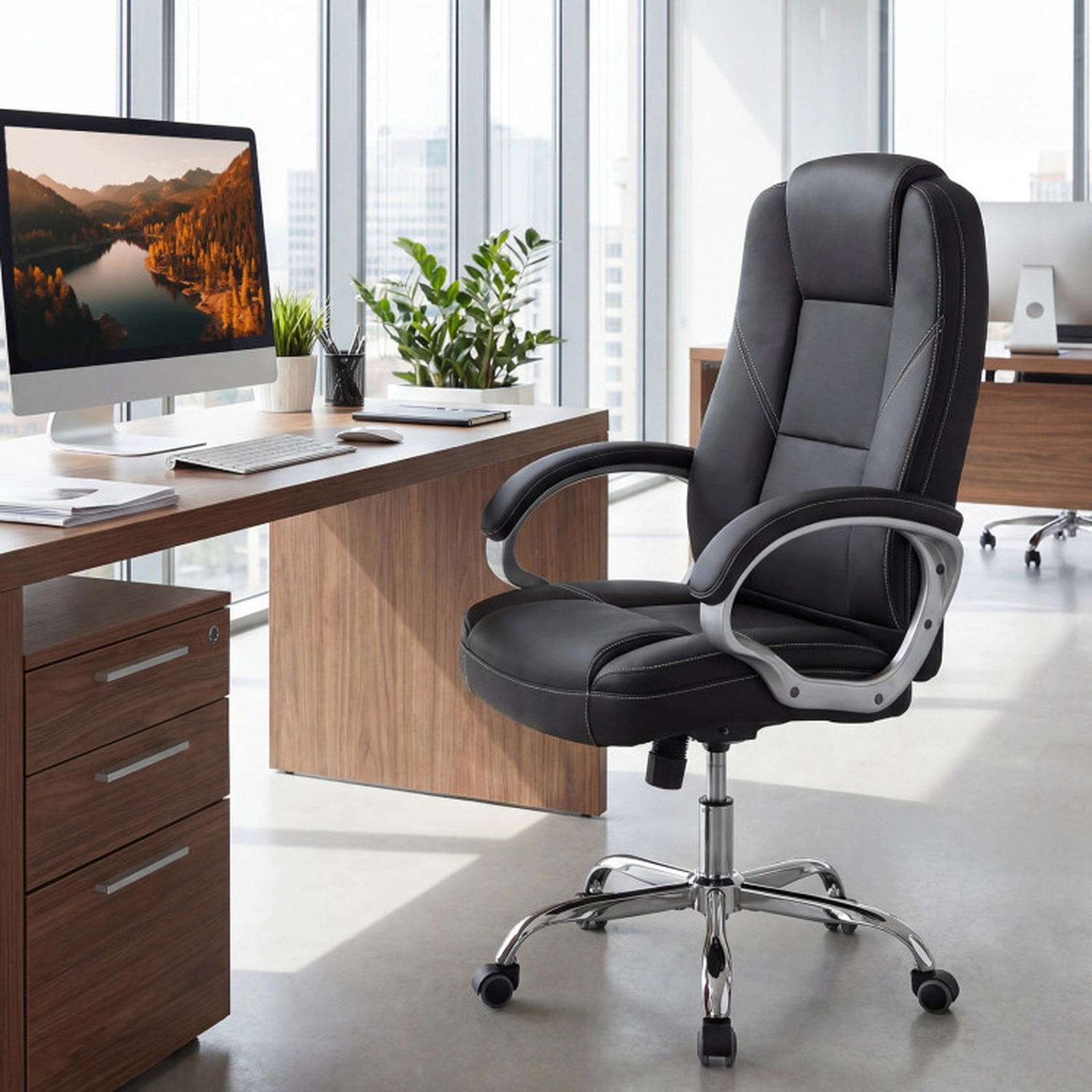 SUGIFT Ergonomic Leather Office Chair with Padded Armrests, Rocking Backrest and Adjustable Seat 300-lb Capacity Black