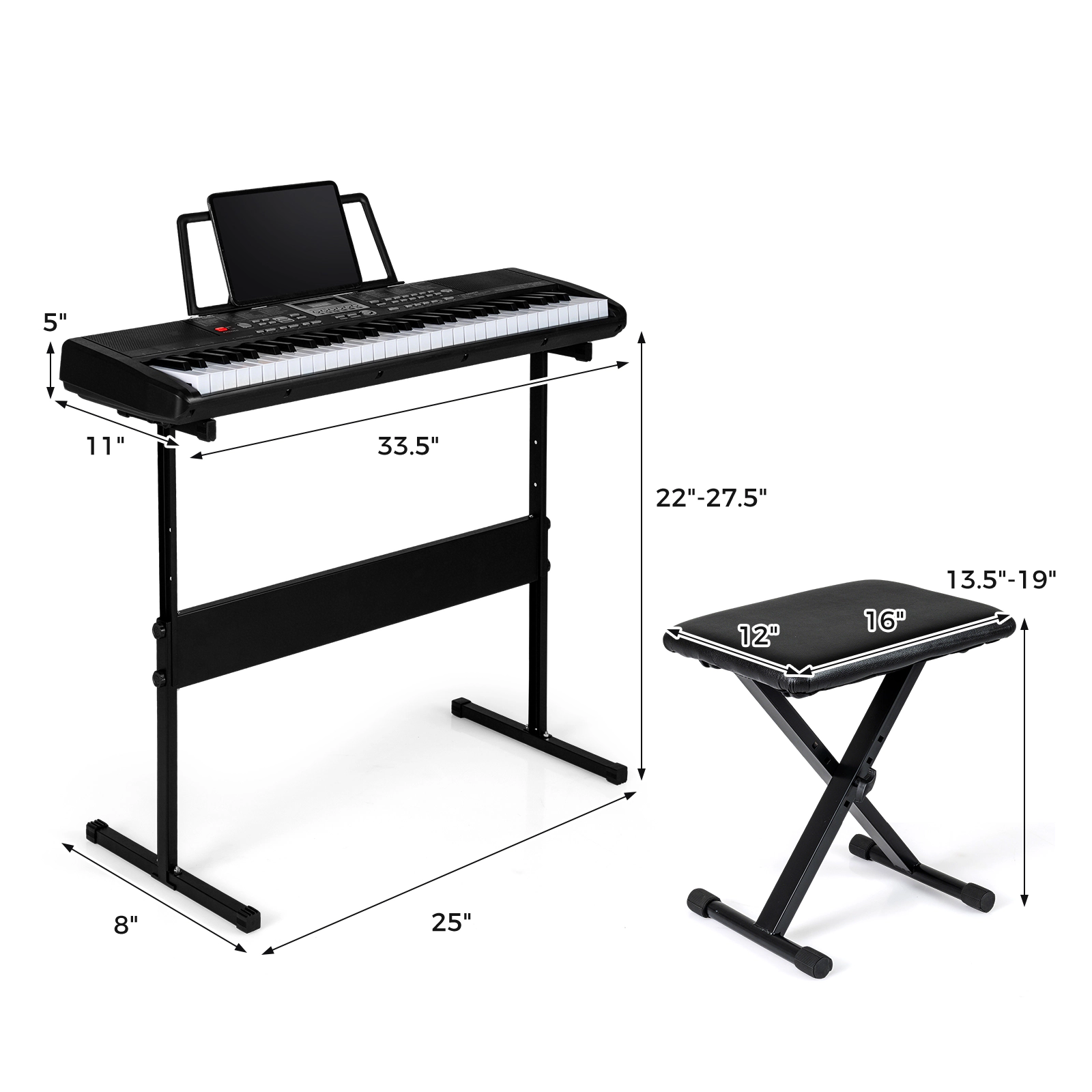 SUGIFT 61-Key Beginners Electric Piano Keyboard Kit with Adjustable Stand and Stool Black