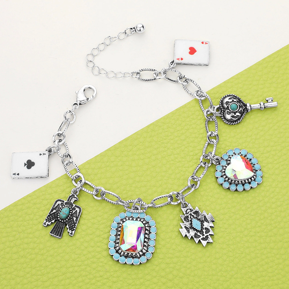 FASHNZFAB Ace Of Heart Ace Of Clover Western Bird Key Rectangle Heart Stone Cluster Charm Station Bracelet