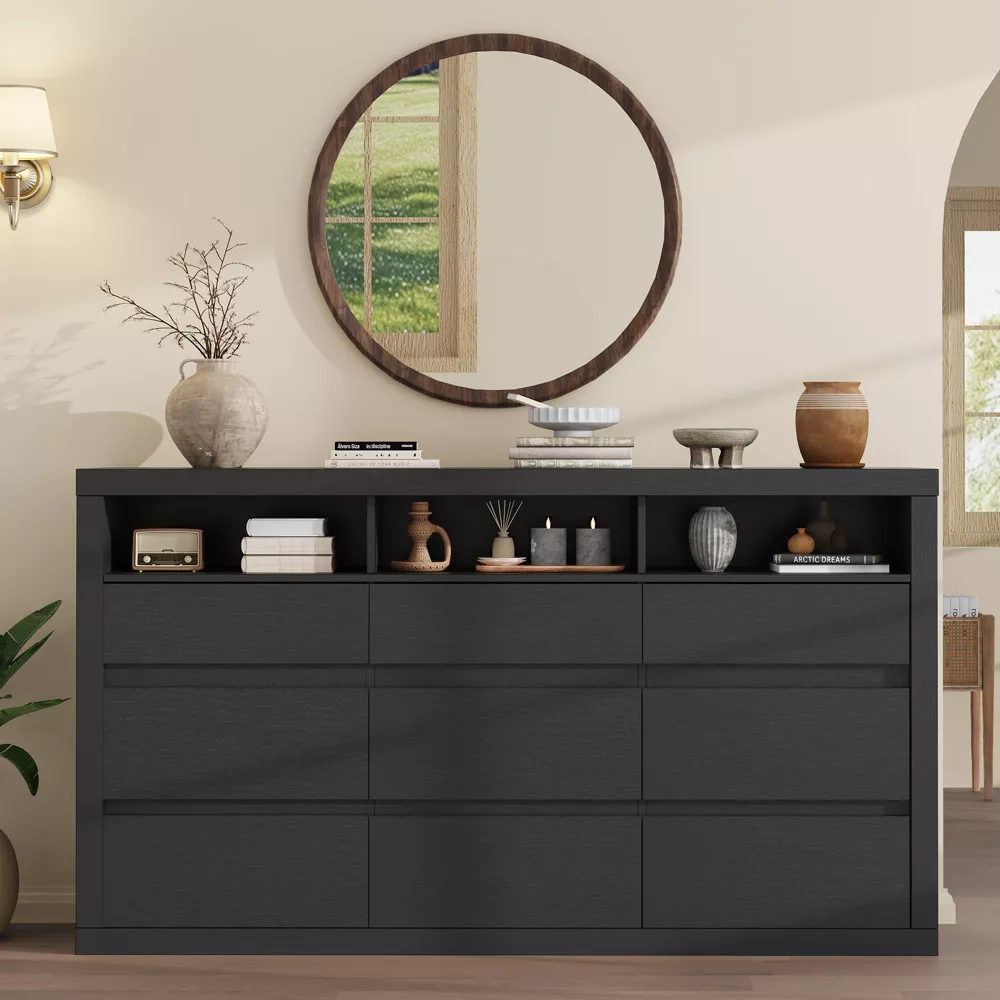 9 Drawer Modern Wooden Dresser with 3 Open Shelves, Handleless Storage Chest for Bedroom Living Room