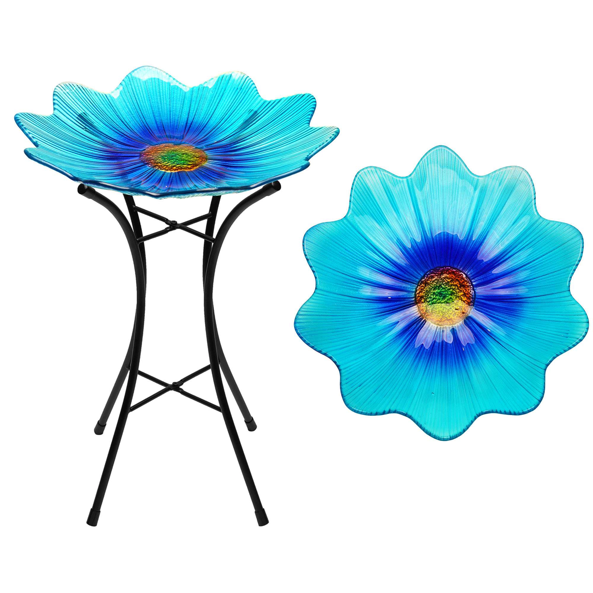 G128 19 Inch Blue Glass Bird Bath with Stainless Metal Stand, Decorative Outdoor Bird Feeder Bowl