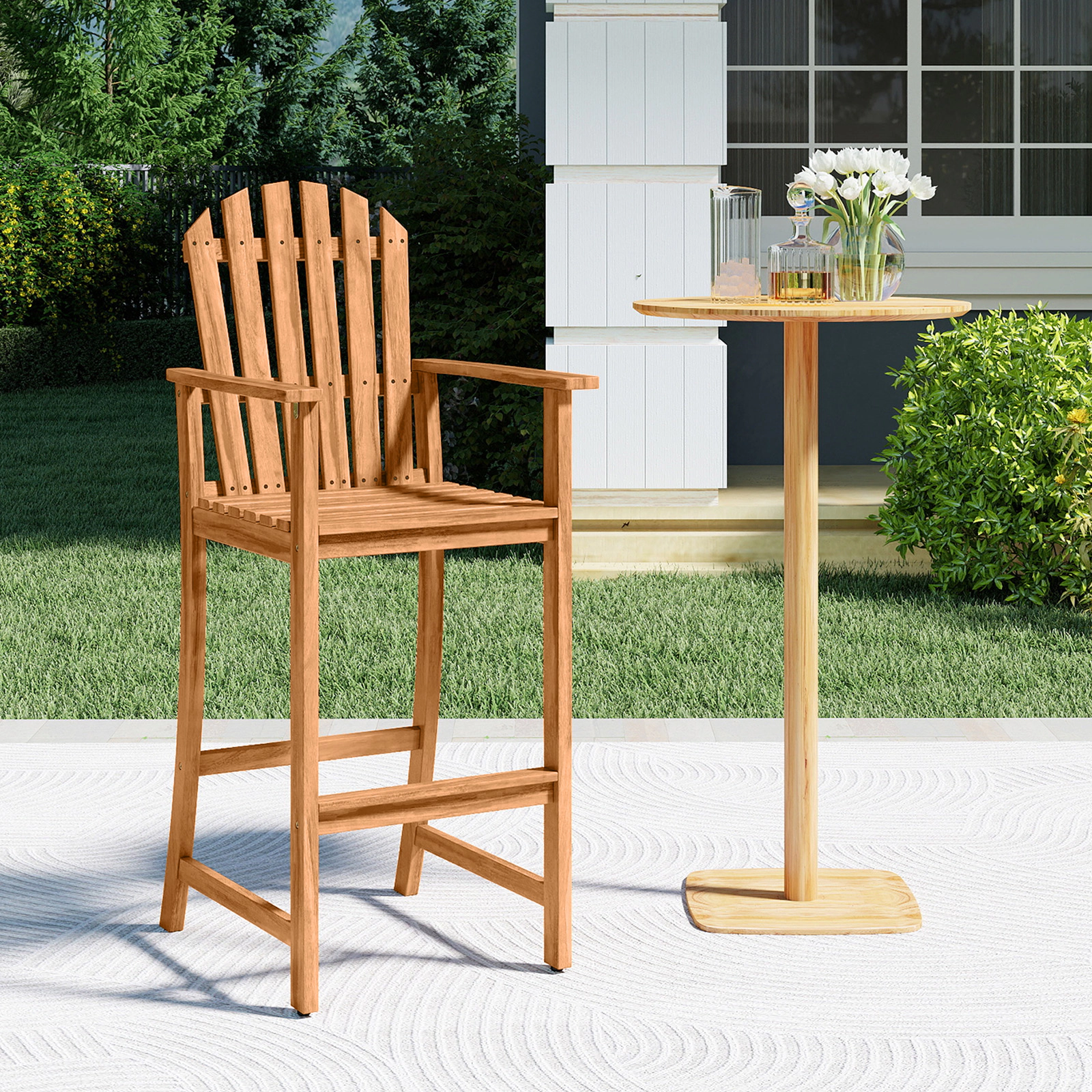 SUGIFT Natural Armrests and Footrest for Deck Tall Acacia Wood Adirondack Bar Chair