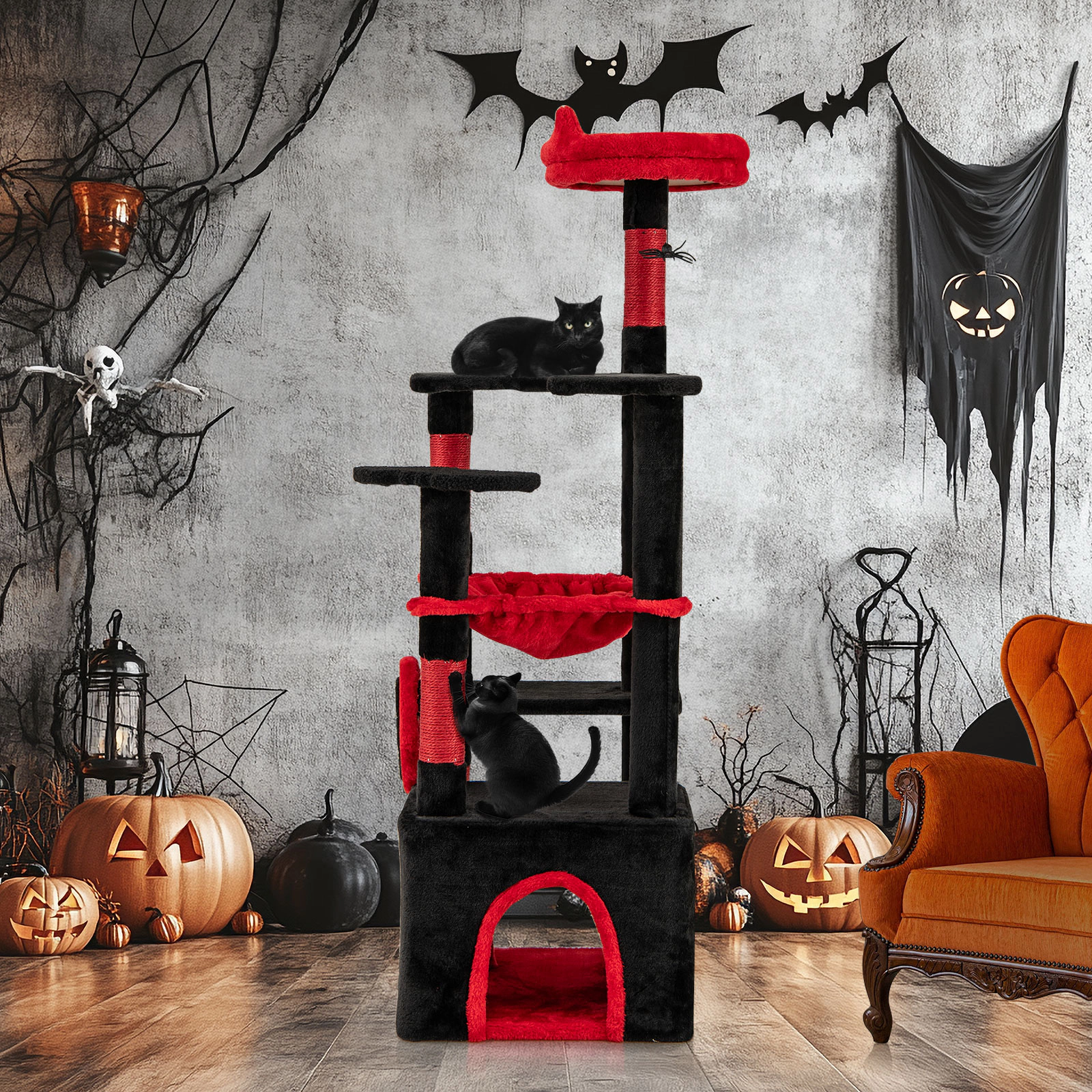 SUGIFT 52-in Gothic Cat Tree with Bat Platforms Devil Eye Scratching Board Sisal Posts and Hammock