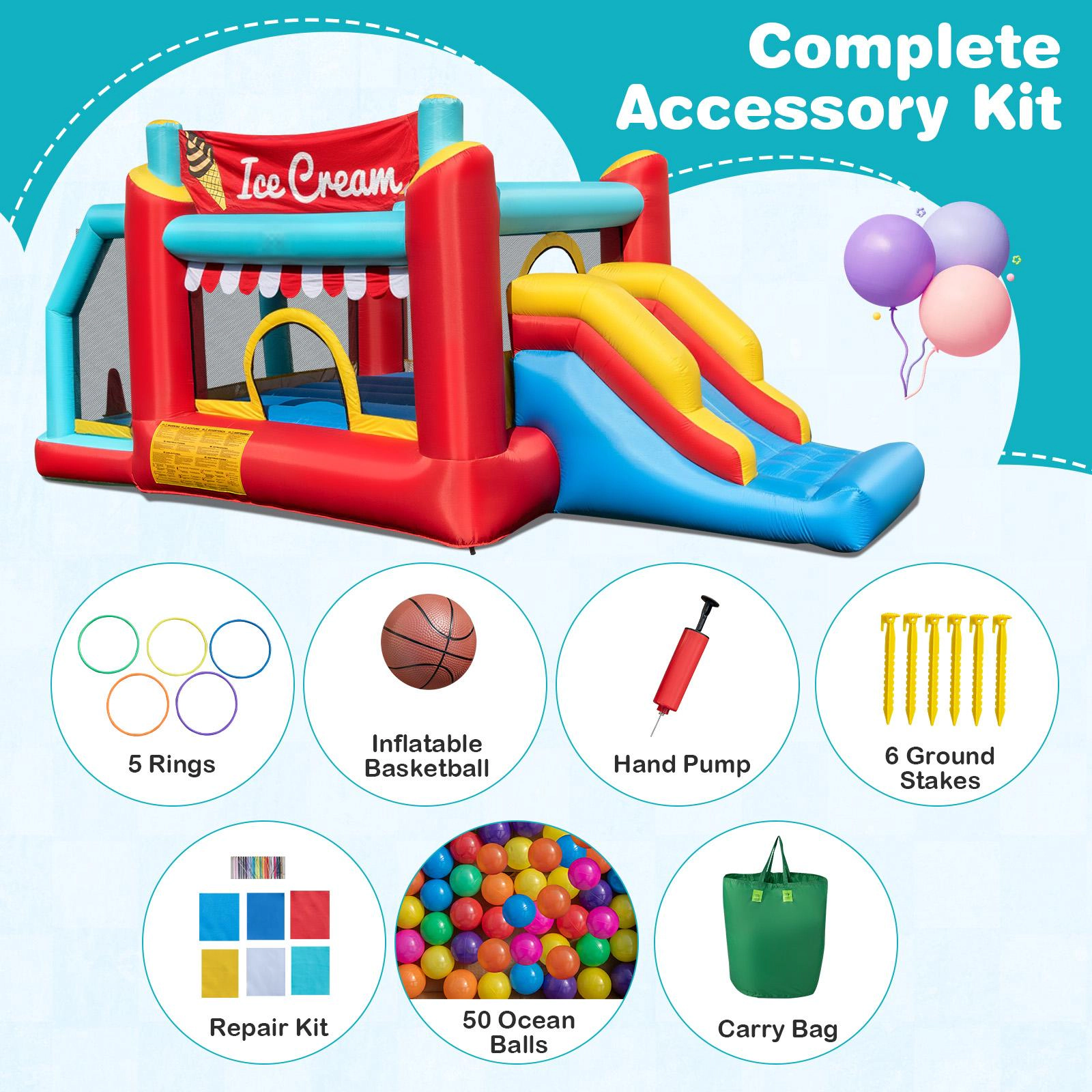 SUGIFT 5-in-1 Ice Cream Inflatable Bounce House with Slide and Ball Pit 100-lb Capacity Ages 3-10 Red/Blue/Yellow