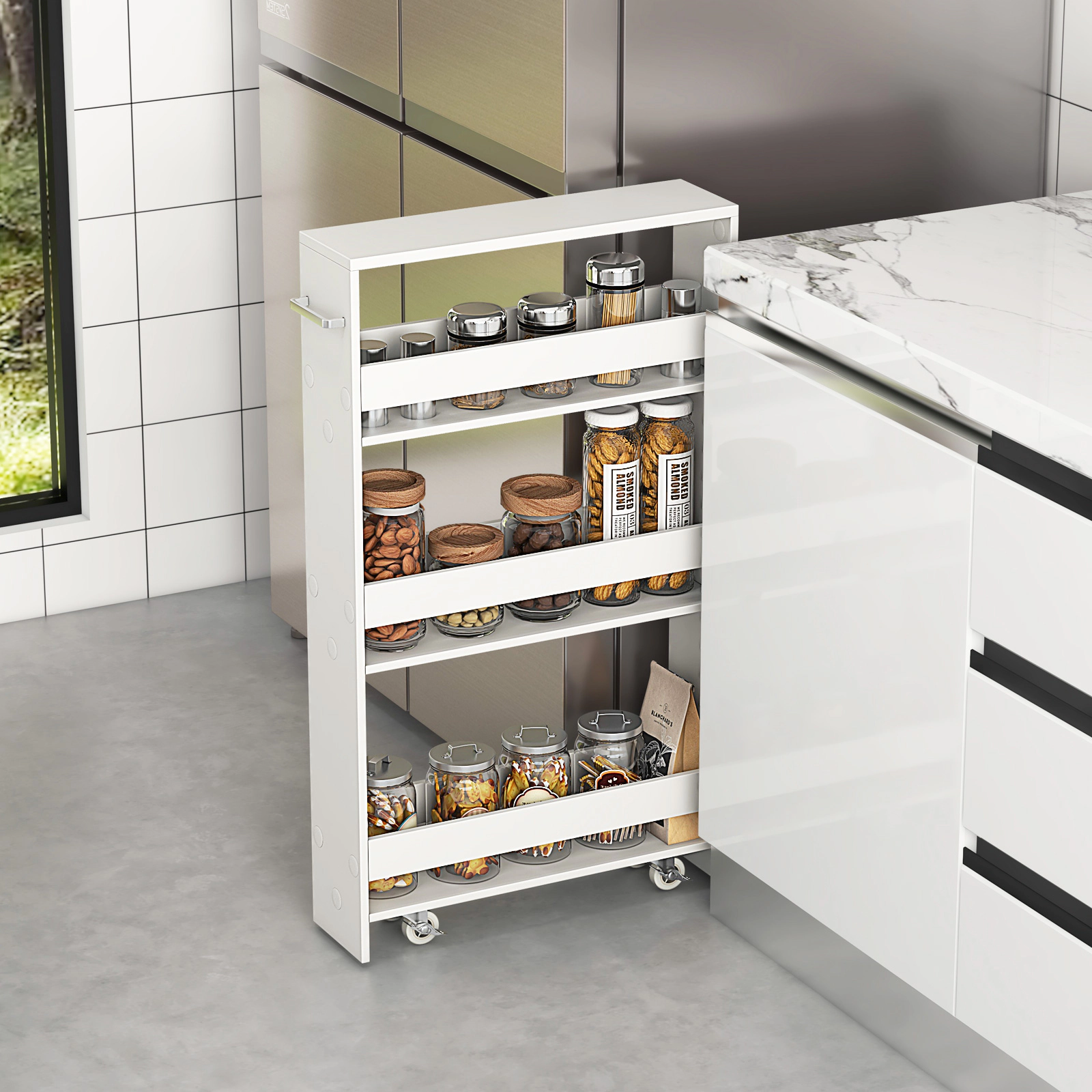 SUGIFT 3-Tier Off White Rolling Cart with Wheels Mobile Serving Trolley and Open Shelf Organizer
