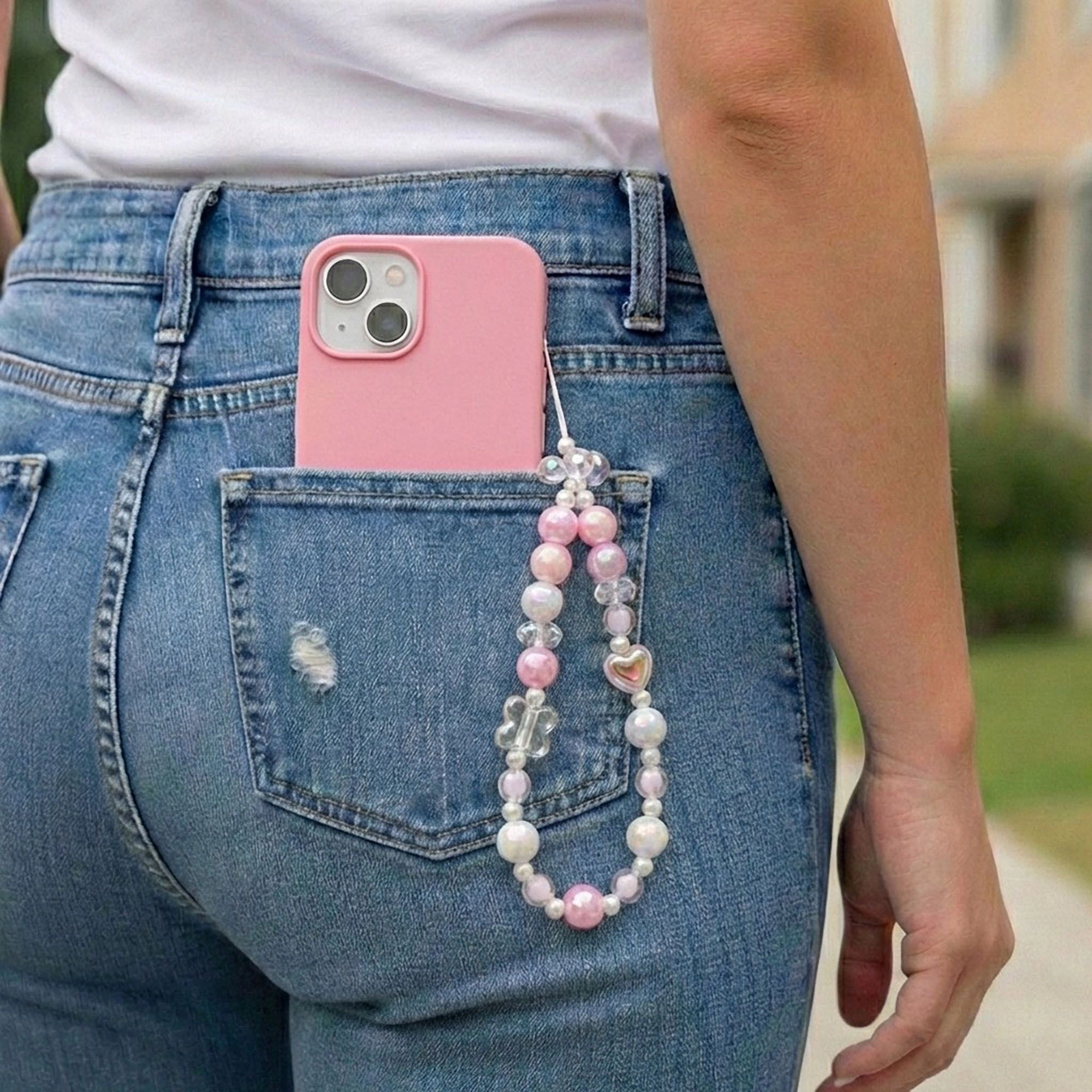 Alilang Women's 3-PC Pink Iridescent Beaded Phone Charm Strap with Heart Accent