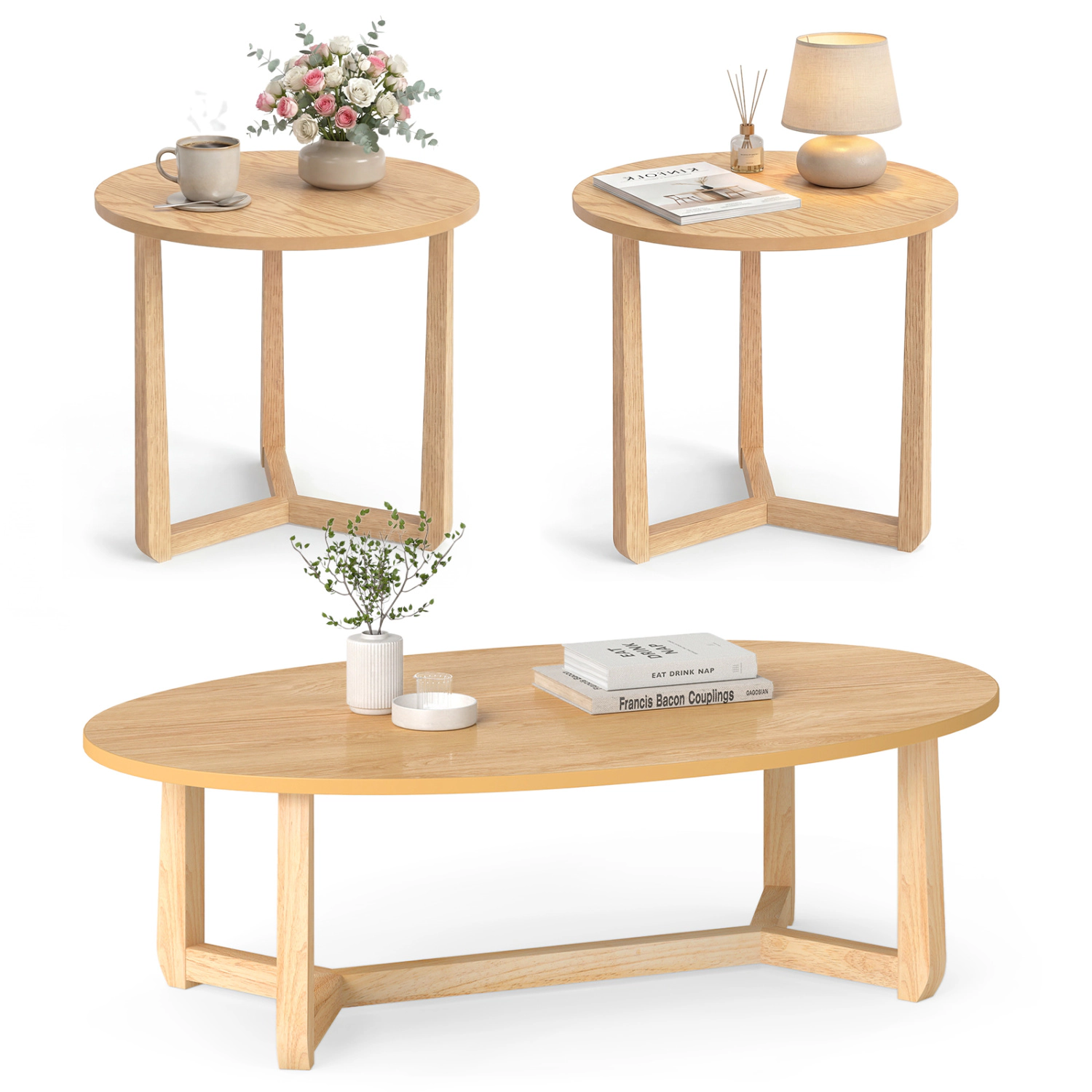 LJG Nesting Coffee Table Set of 3 with Wood Veneered Top and Solid Rubber Wood Legs for Living Room