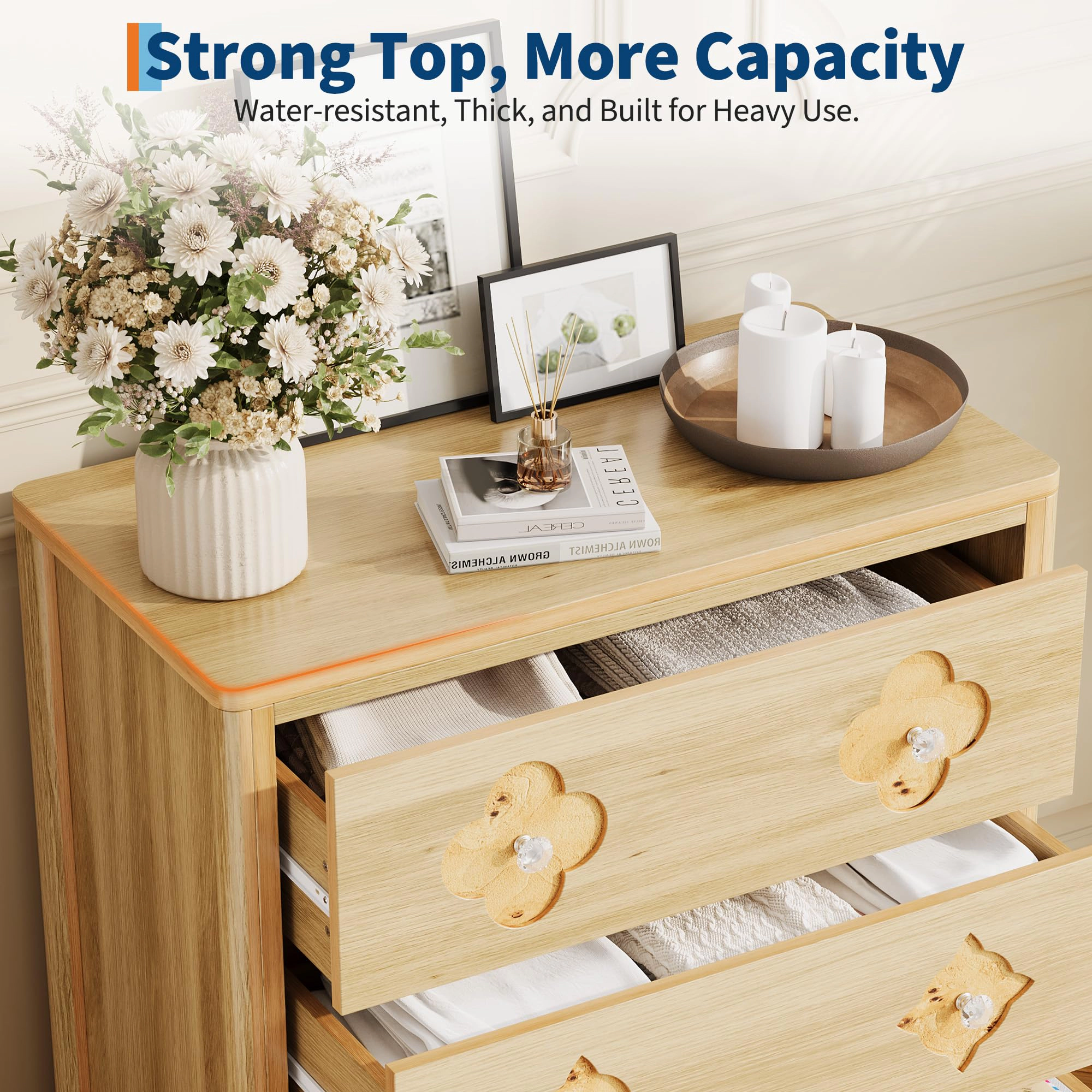 30.4" Tall 3 Drawer Wood Dresser with Decorative Fronts & Crystal Knobs, Bedroom Storage Chest