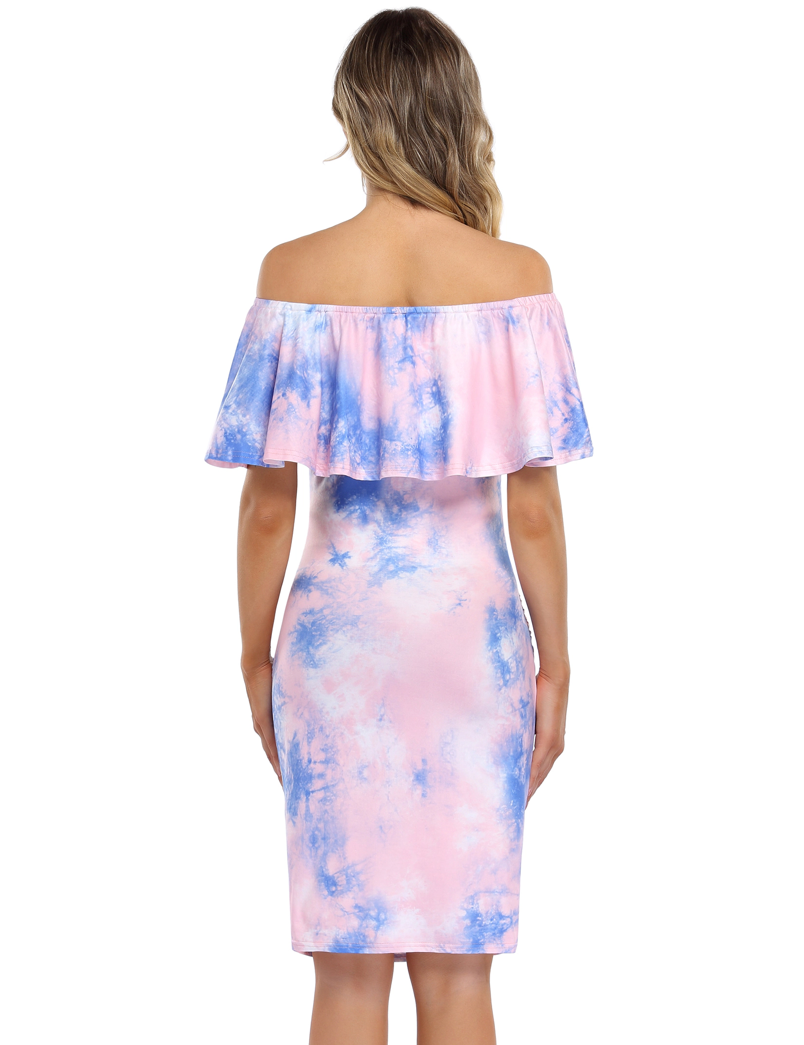 KOJOOIN Women Maternity Dress Tie Dye Off Shoulder Bodycon Pregnancy with Ruffle Sleeve Gown