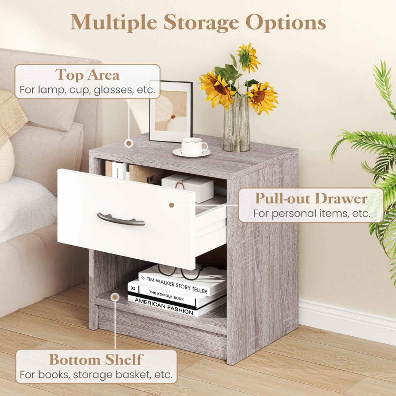 SUGIFT Bedside Table Nightstand with Drawer and Open Storage Shelf 22-Lb Capacity Light Gray