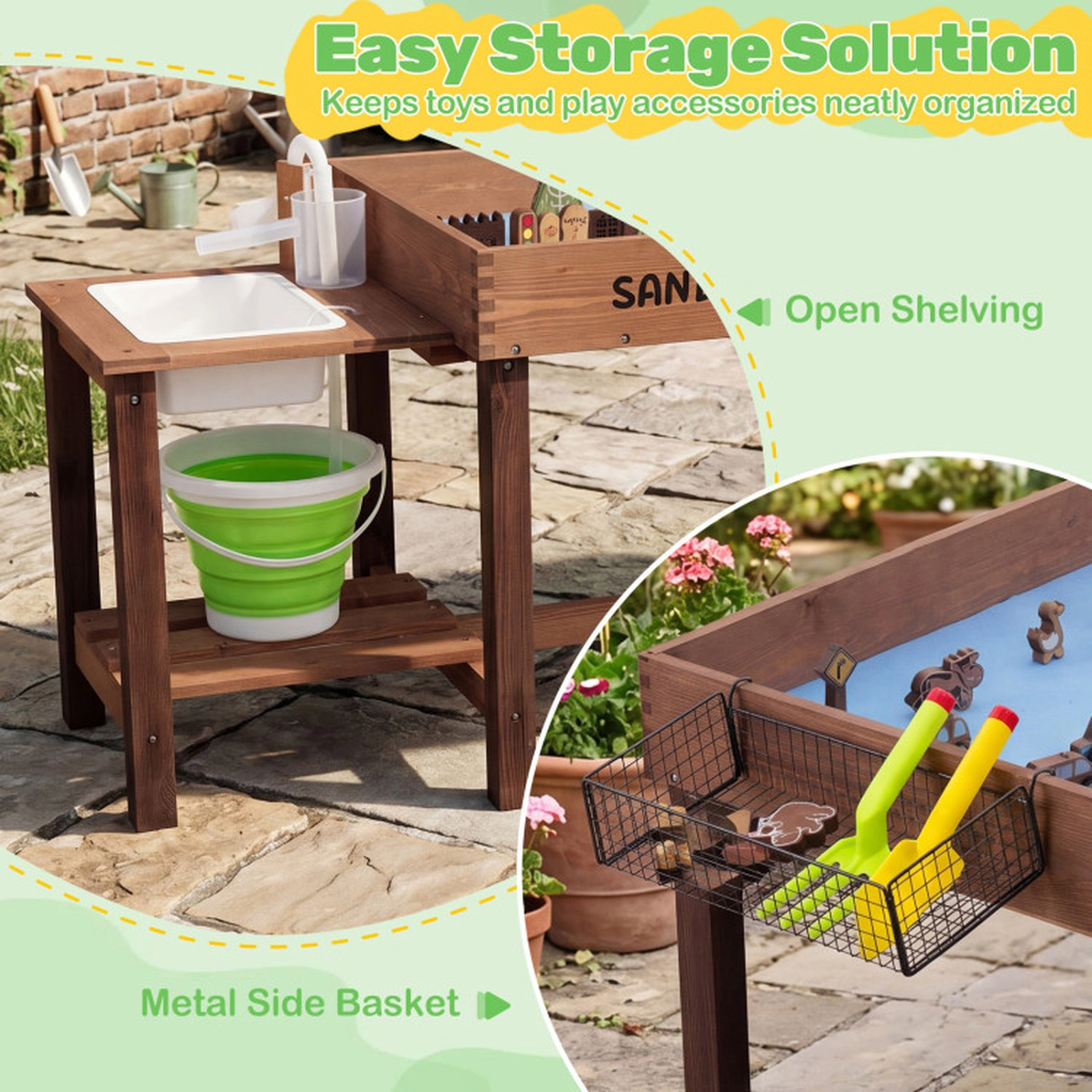 SUGIFT Sensory Table with Water Pump, Sink and 33 Sand Toys Kids Play Kitchen 44-lb Sand Capacity Ages 3+ Coffee & Brown