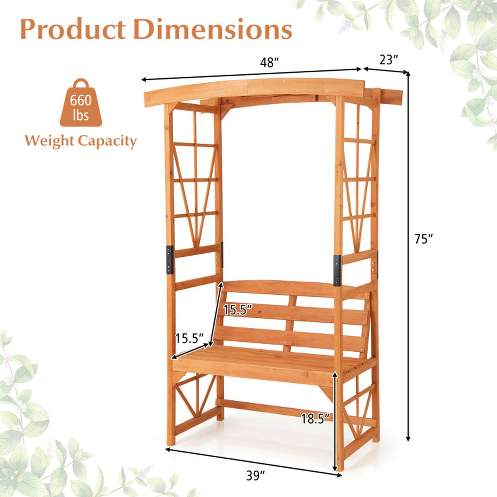 SUGIFT Yellow Fir Wood Garden Arbor with 2-Seat Bench, Climbing Trellis, 6.2 ft