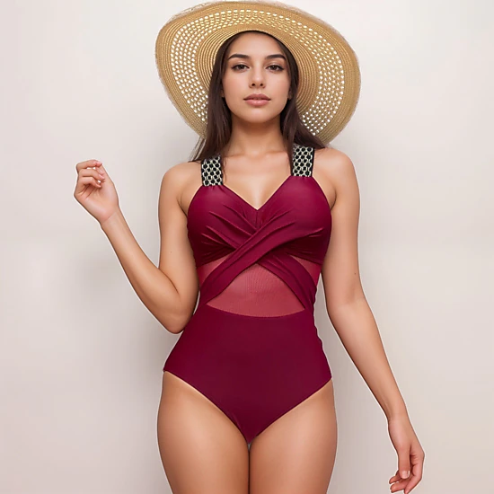 Anna-Kaci Women's One-Piece Swimsuit with Mesh Midsection Crisscross Front and Braided Detail Straps