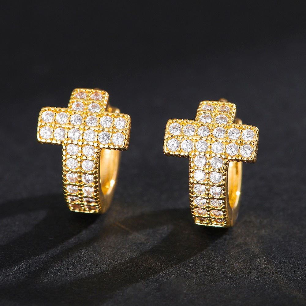 Pave Cubic Zirconia Gold Plated Cross Huggie Earring