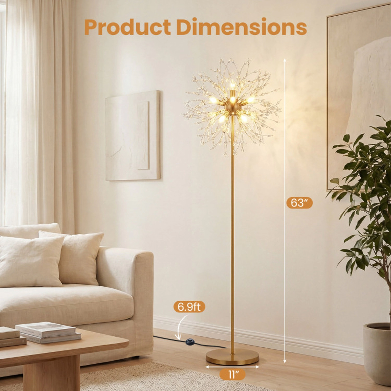 SUGIFT 63-in Dandelion Crystal Floor Lamp with Acrylic Crystals 8 G9 Sockets Gold / Sliver