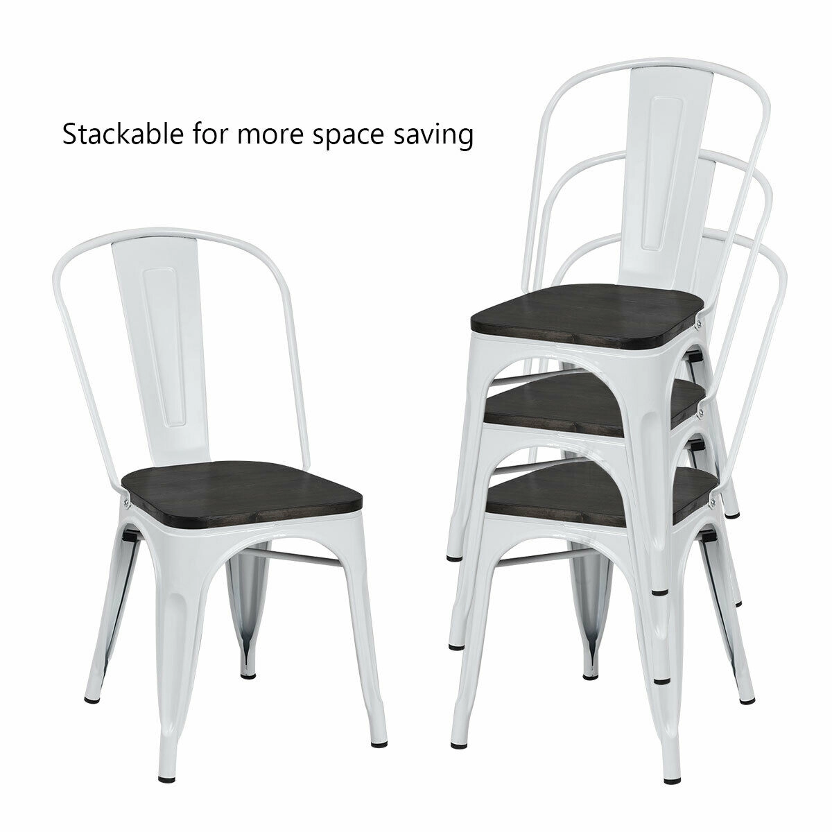 LJG 4 Pieces Tolix Style Metal Dining Side Chair Stackable Wood Seat