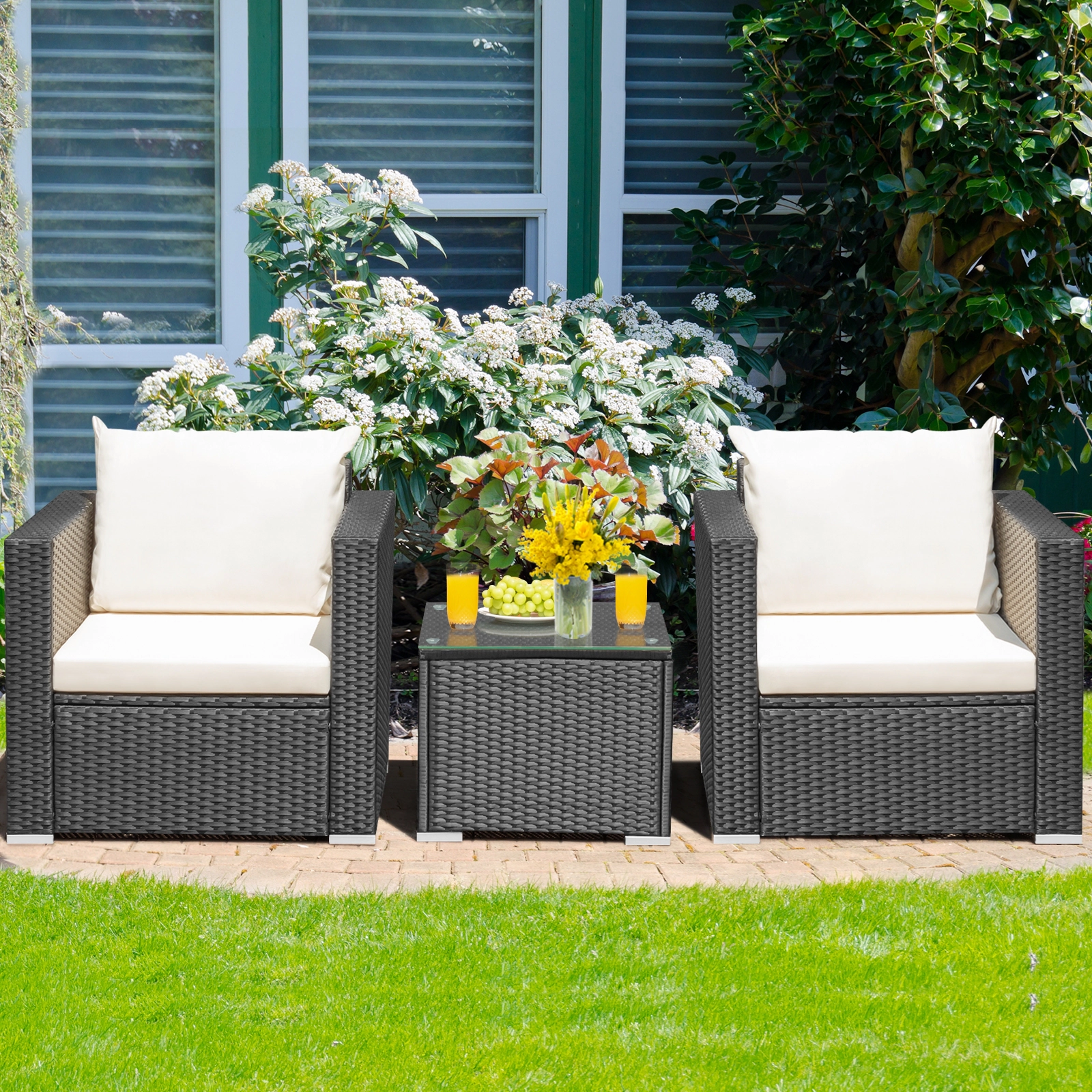 SUGIFT 3-Piece Black Wicker Patio Conversation Set with Deep-Seat Sofas, Cushions and Glass Table