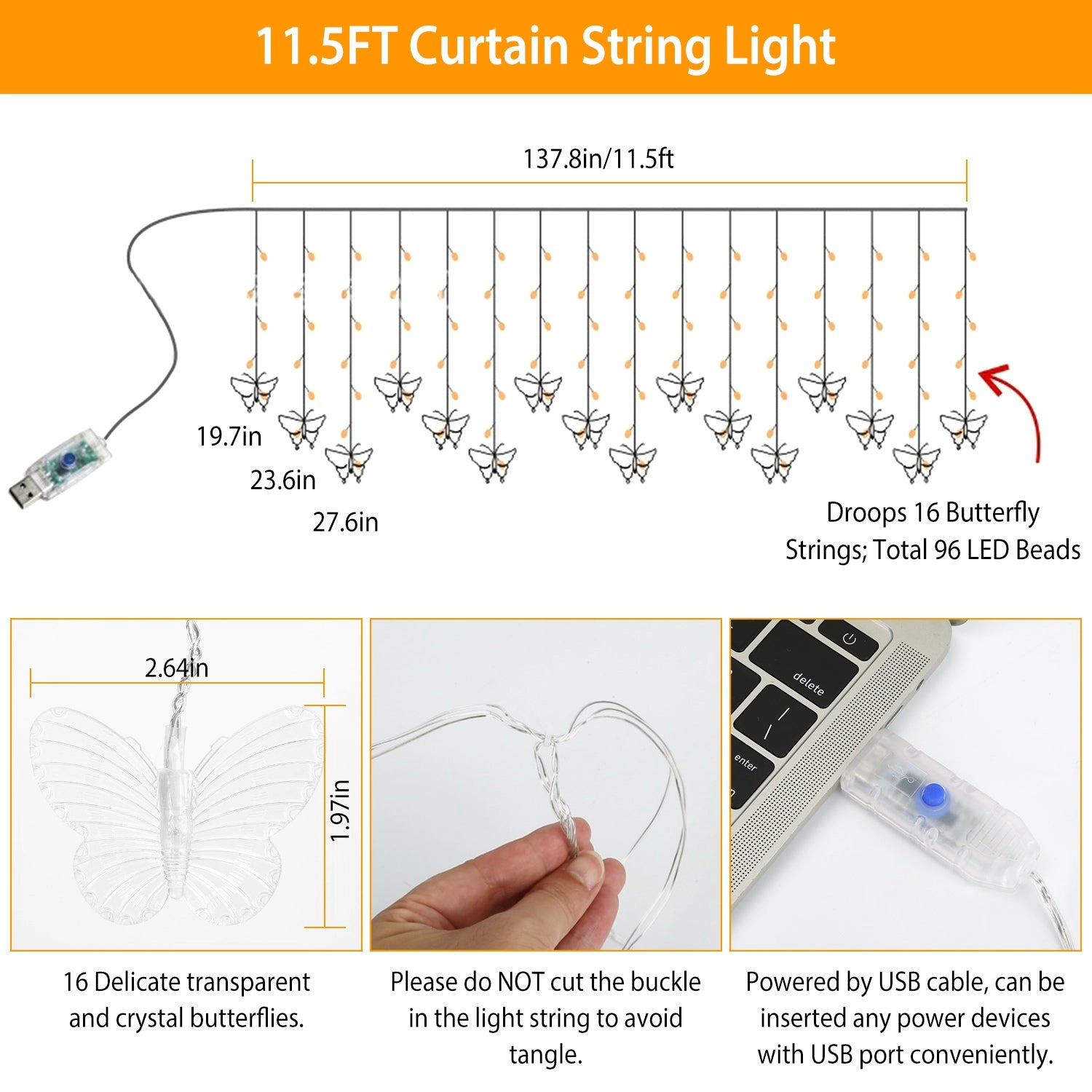 GBruno USB Butterfly Curtain String Lights