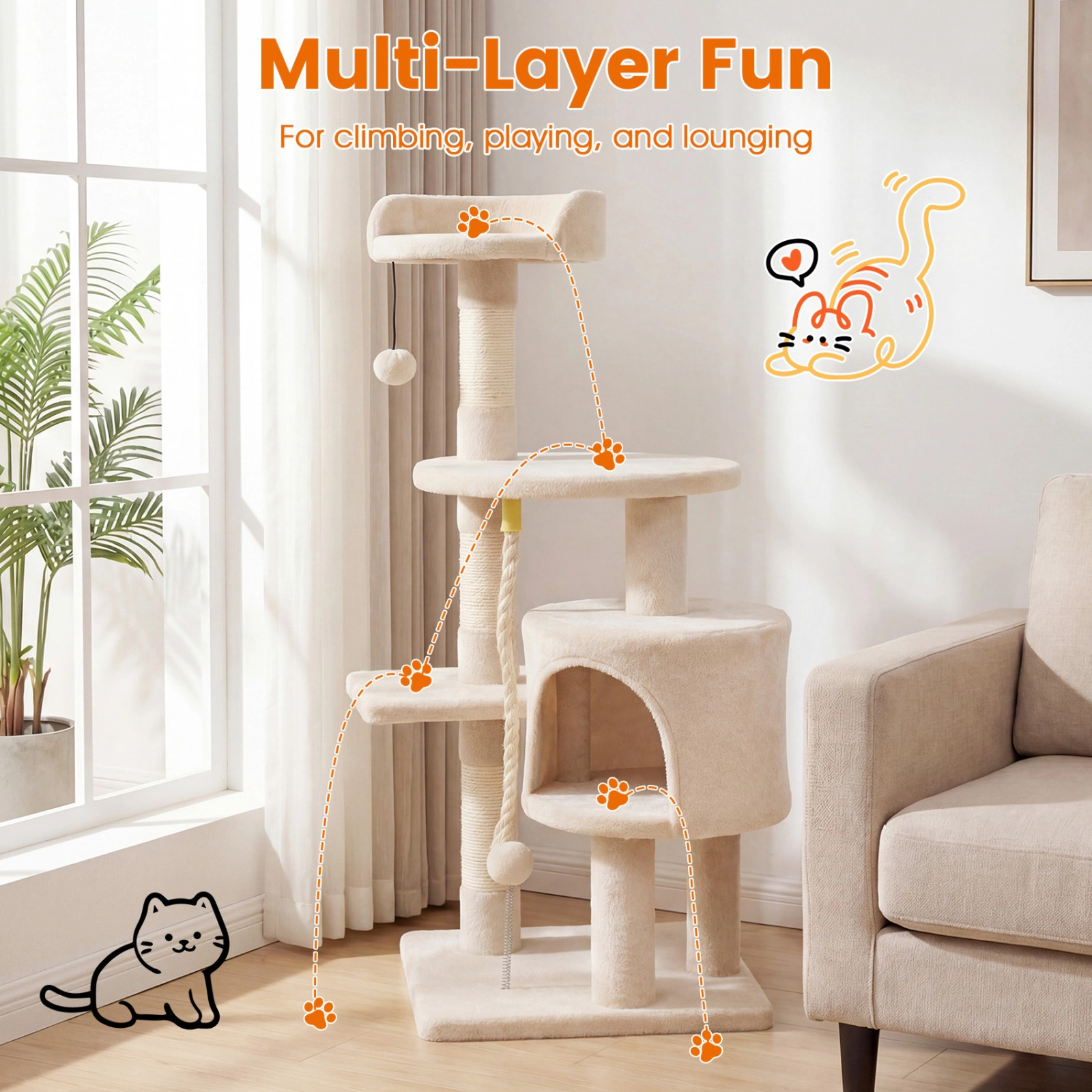 SUGIFT Beige 36 in Kitten Tower with 11.5 in Condo Raised Edge Perch and 3 Posts