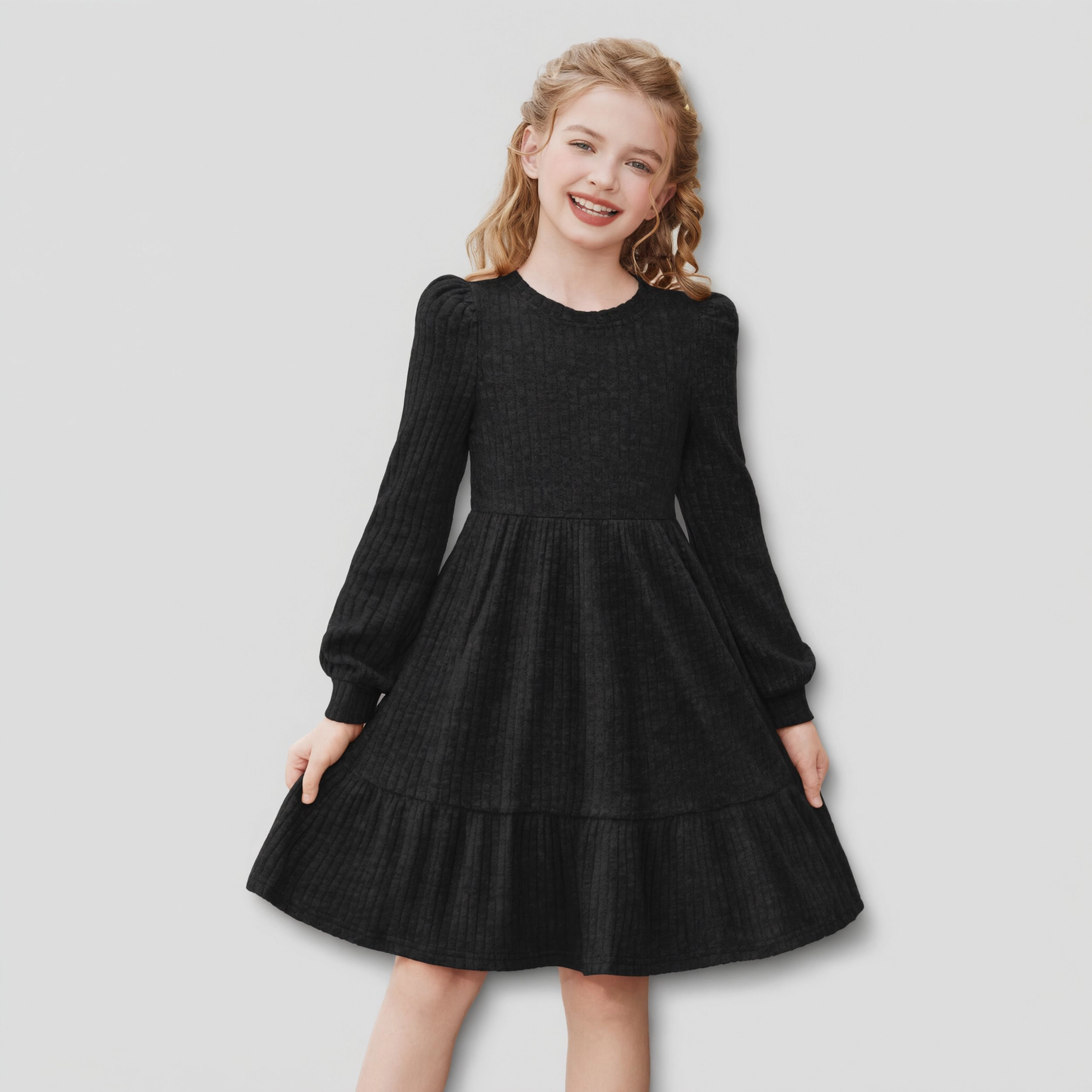 Arshiner Girls Pocket Dress Lantern Sleeve Knee Length Knit Cute