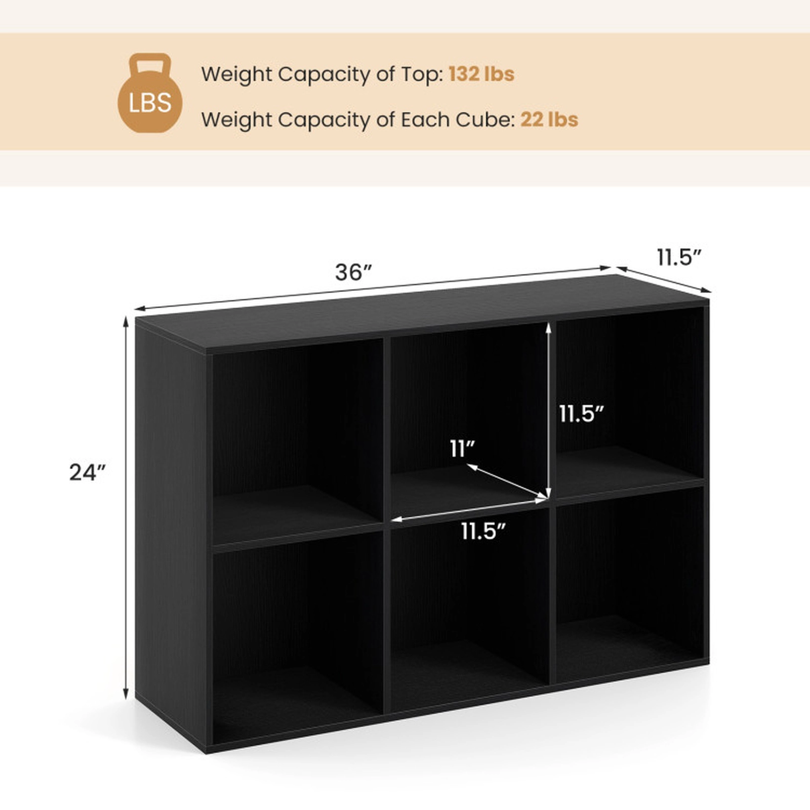 SUGIFT 6-Cube Black 36-in Cube Storage Organizer Bookshelf for Vertical or Horizontal Use with 132-lb Top