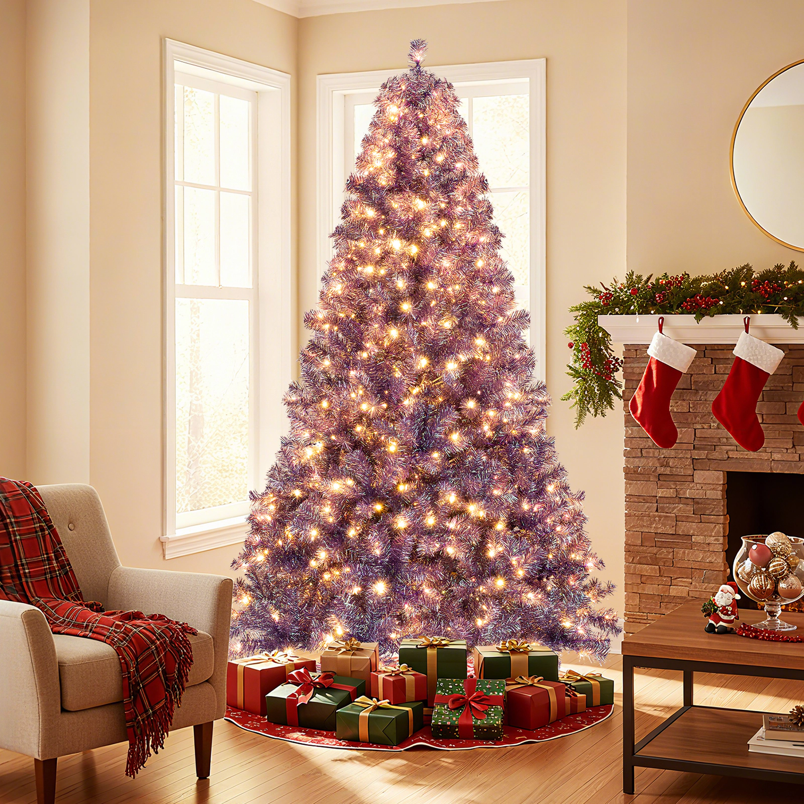 SUGIFT Pre-Lit Tinsel Artificial Christmas Tree with Warm White LED Lights Deep Purple 7.5ft