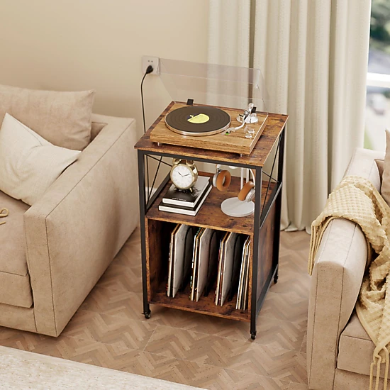 SlickBlue Vinyl Record Player Stand, 3-Tier Storage Cabinet with Outlets, USB & Type-C Charging
