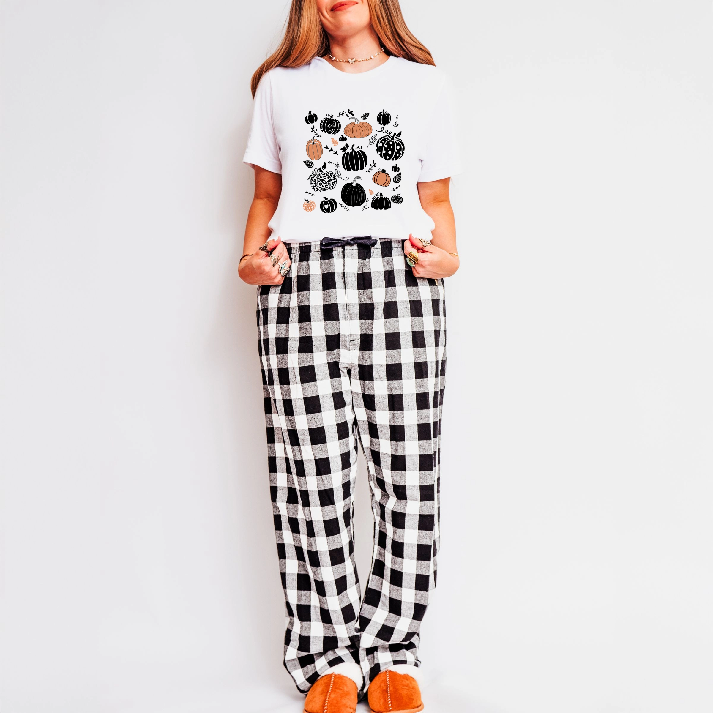 Simply Sage Market - Women's Plaid Pants and Tee Set Halloween Pumpkins