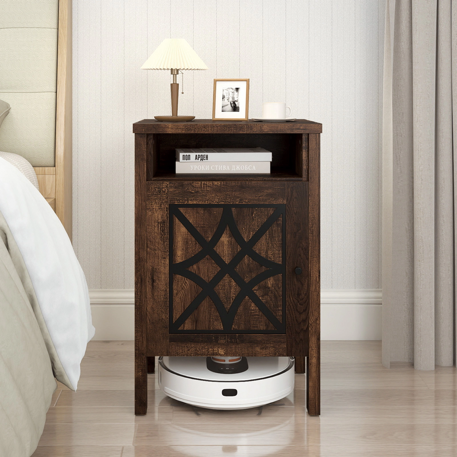 SUGIFT Robot Vacuum Storage Cabinet with Door and Open Shelf 165-lb Capacity Dark Brown/Dark Gray