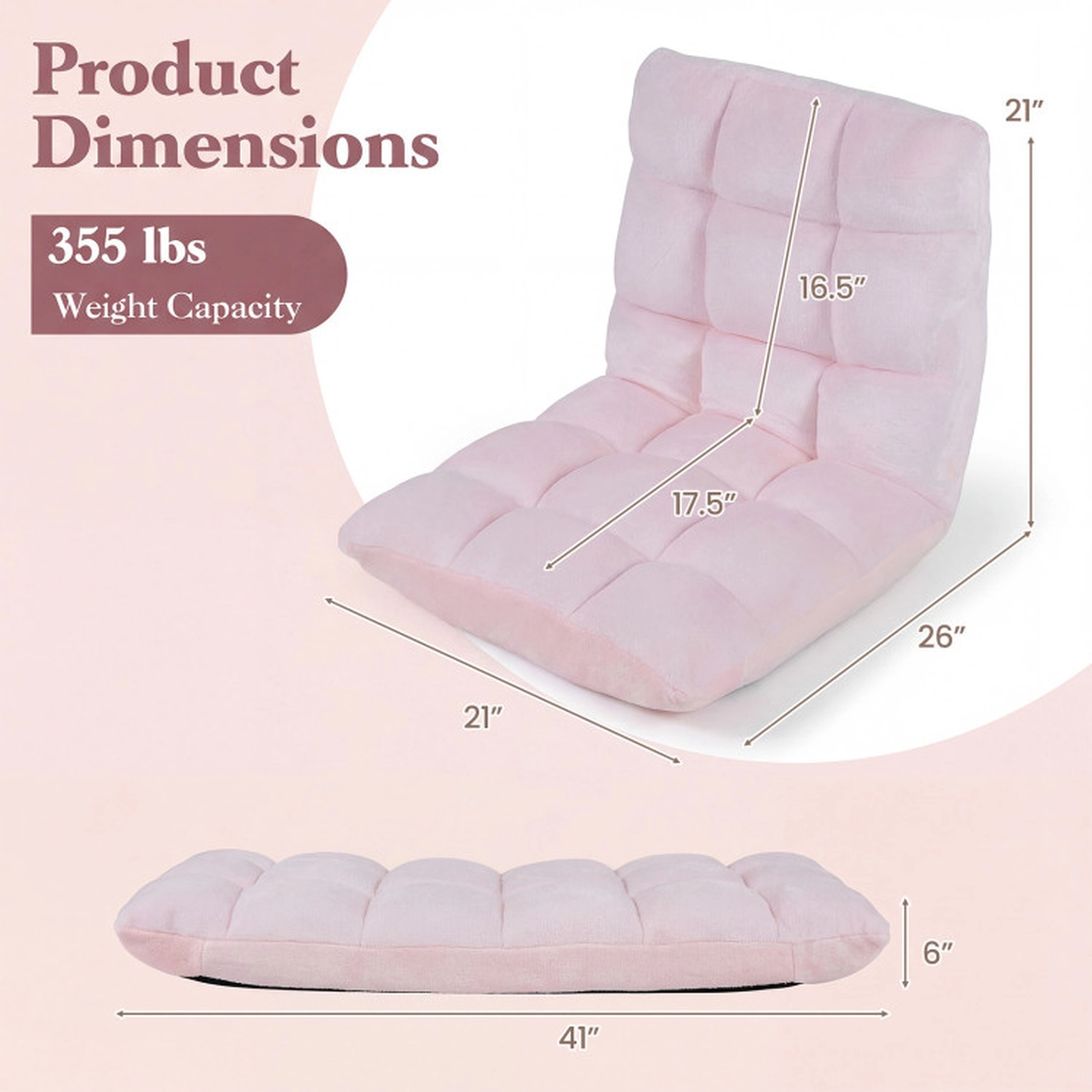 SUGIFT 14-Position Quilted Flannel Folding Floor Gaming Chair 41.5-in x 22-in x 6-in 200-lb Capacity Light Pink