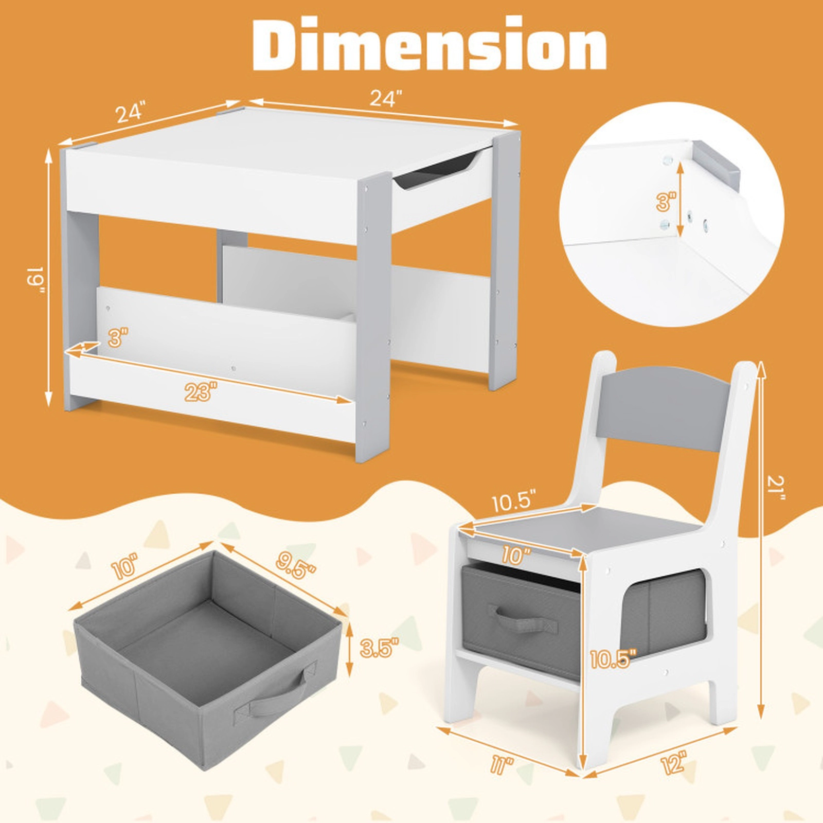 SUGIFT 4-in-1 Kids Toddler Table and 2-Chair Set with Reversible Tabletop 24-in Square Desk Ages 3+ White and Gray