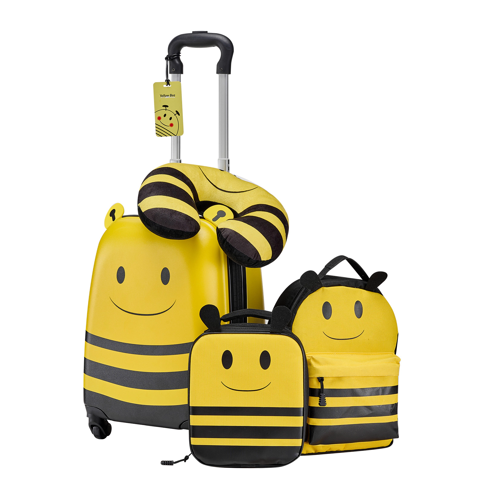 HONGGE Kids 5-Piece Travel Set with 18-Inch Spinner Suitcase, Backpack, Neck Pillow, Lunch Bag and ID Tag, Bee