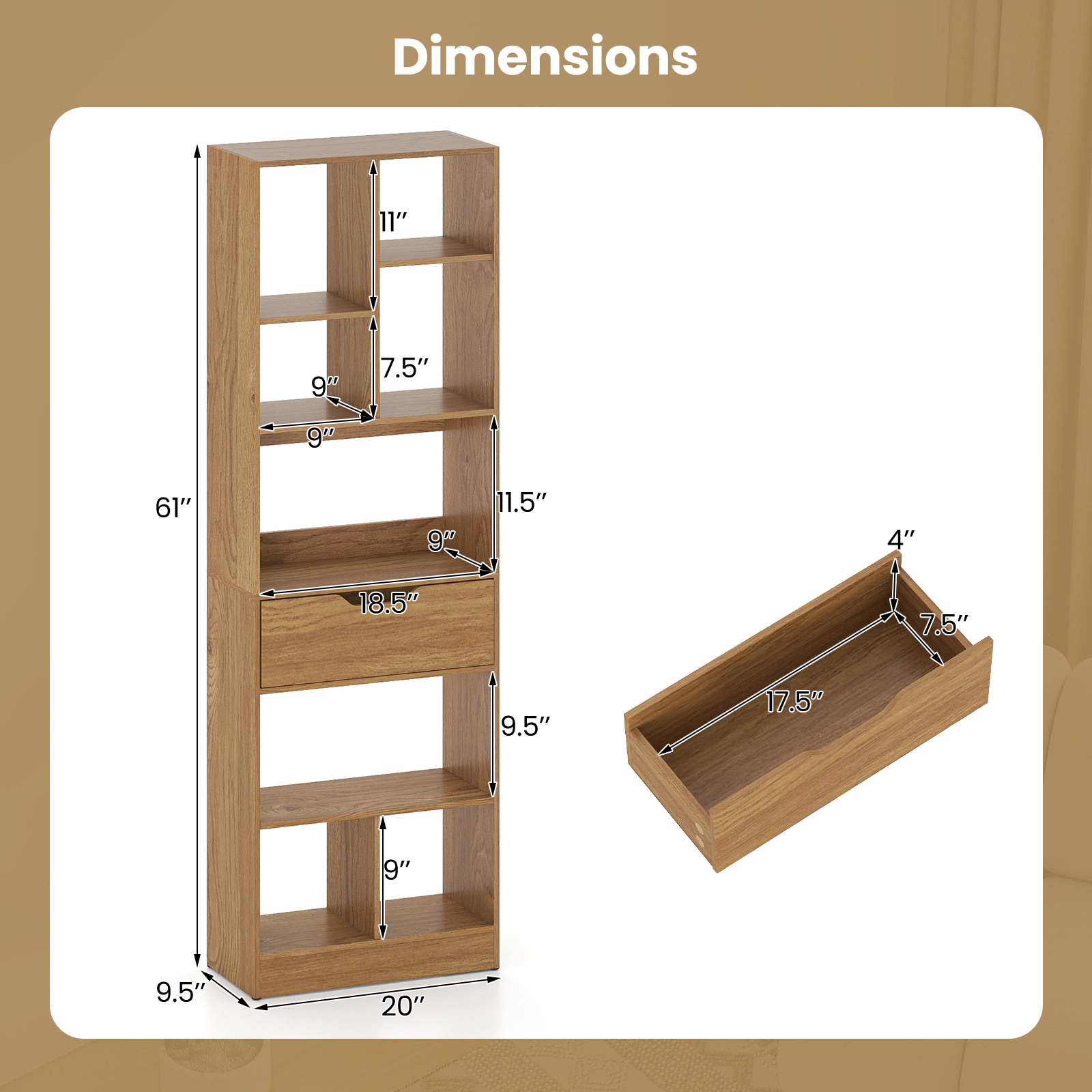 SUGIFT 61-in Tall Freestanding Bookcase with Drawer 8-Cube Storage Organizer 187-lb Total Capacity Natural/White