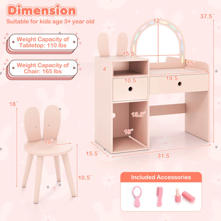 Hivvago Kids Vanity Desk And Chair Set With Lights  Open Shelves