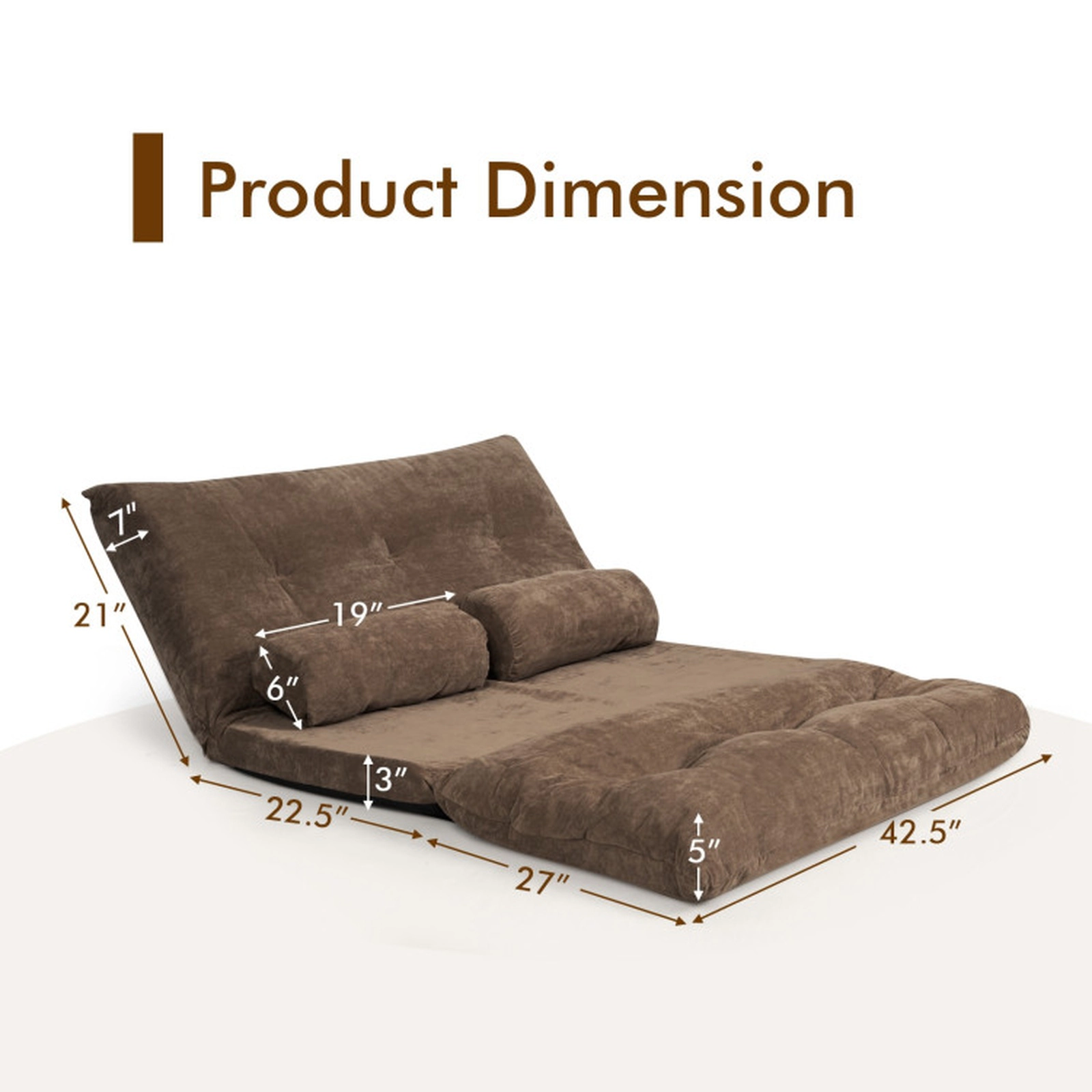 SUGIFT 6-Position 2 Bolster Pillows Corduroy Convertible Floor Sofa Bed 71-in x 42.5-in x 7-in 330-lb Capacity Brown