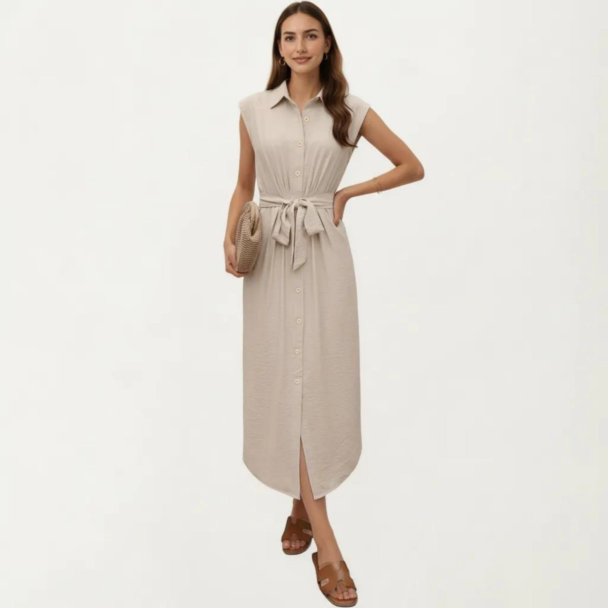 Anna-Kaci Women's Sleeveless Button Front Collared Neck Relaxed Fit Flowy Silhouette Midi Dress