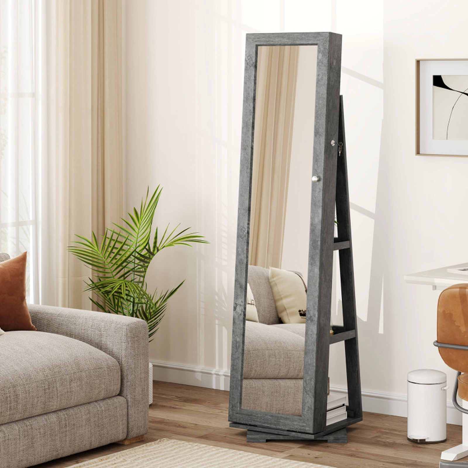 SUGIFT 360° Rotatable 2-in-1 Lockable Jewelry Cabinet Full-Length 11 x 57 in Mirror 63.5-in Tall 48-lb Net Weight Green