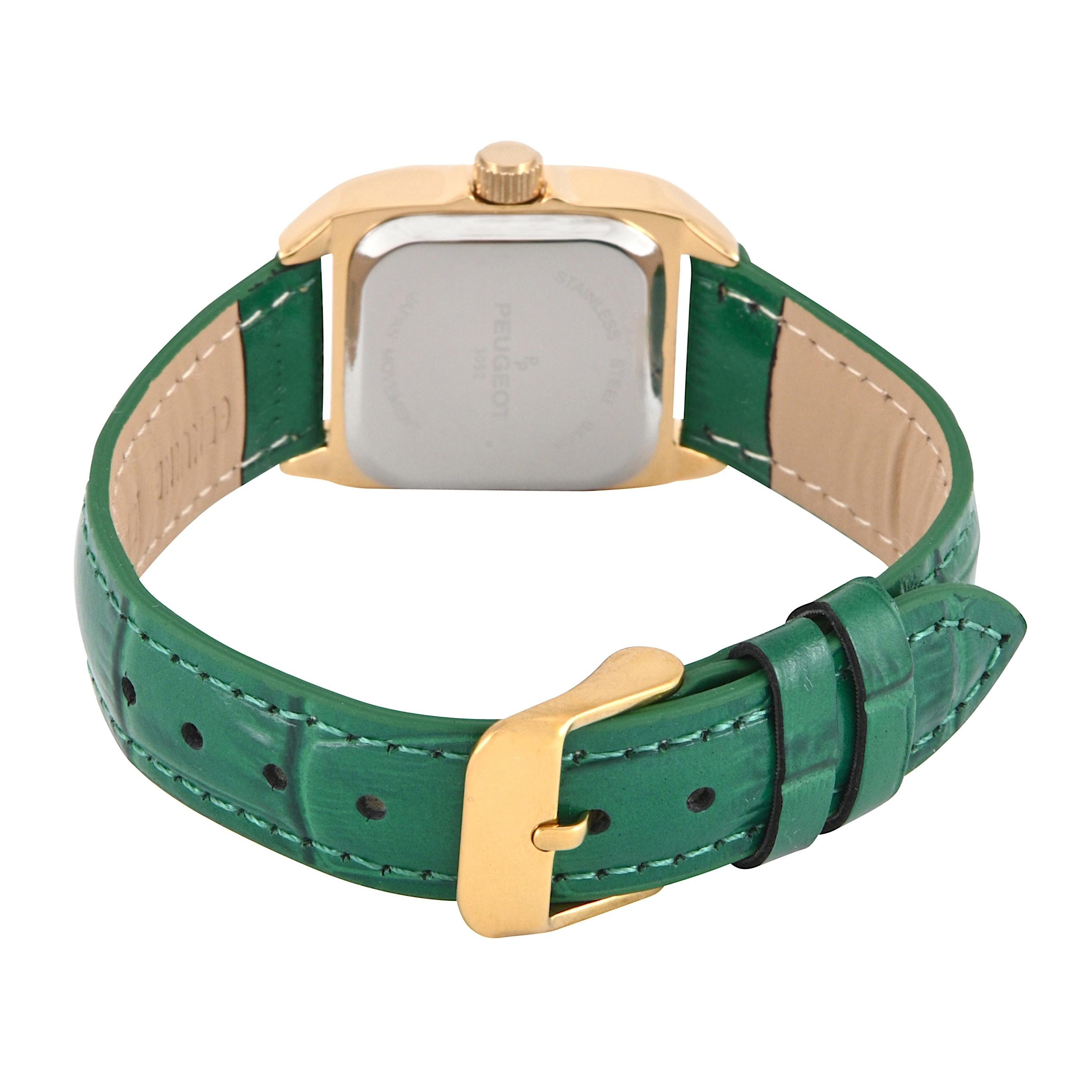Peugeot Women's 34x24mm Tank Watch with Crystal Bezel Green Leather Strap
