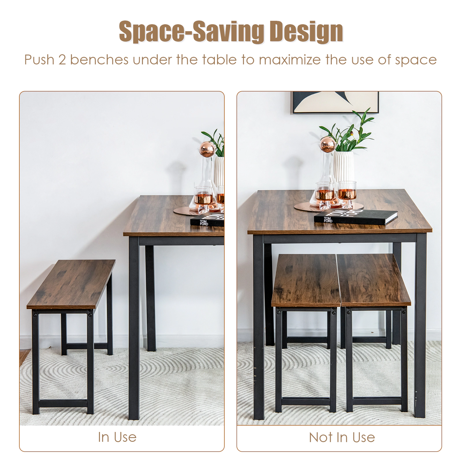 SUGIFT 3-Piece Dining Table Set with 2 Benches 210-lb Table 330-lb Benches 43-in Rectangular Top Brown/Natural