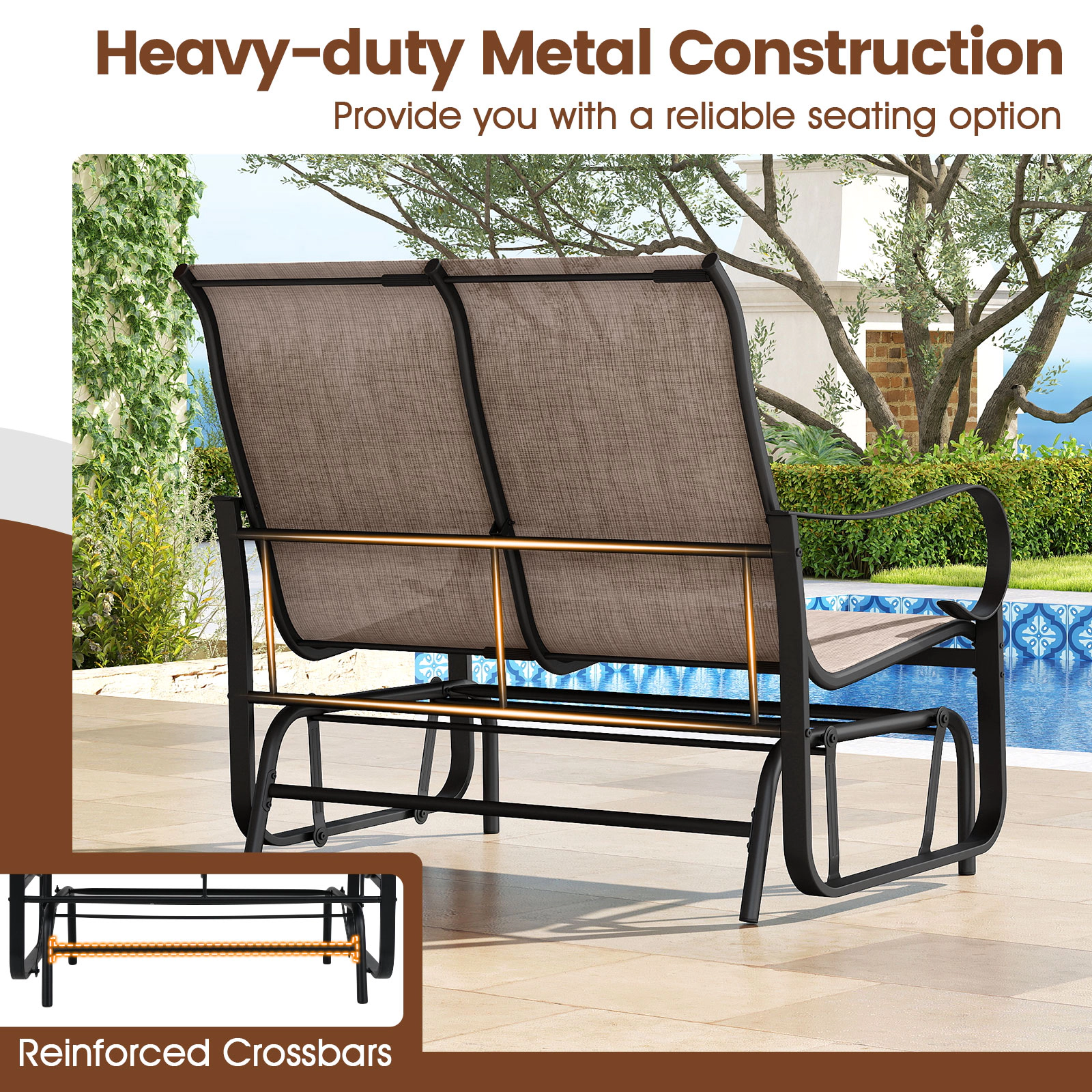 SUGIFT 2-Person Outdoor Glider Bench with 25-in High Backrest 660-lb Capacity Mix Brown and Black