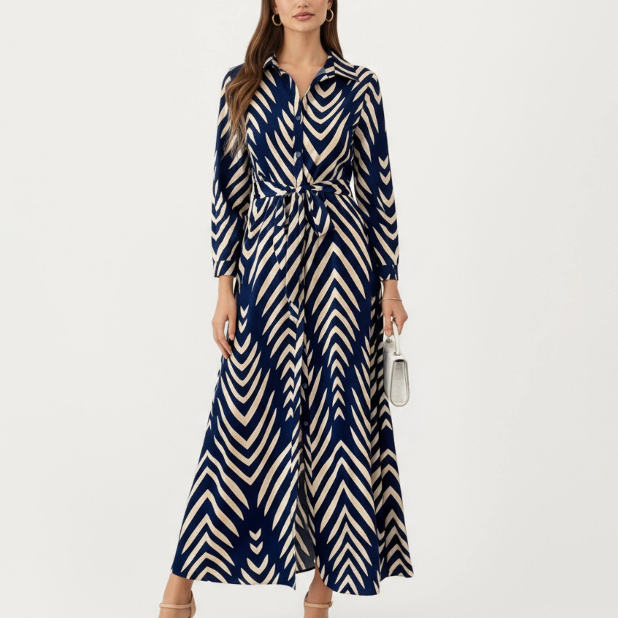 Anna-Kaci Womens Long Sleeve Chevron Print Maxi Shirt Dress