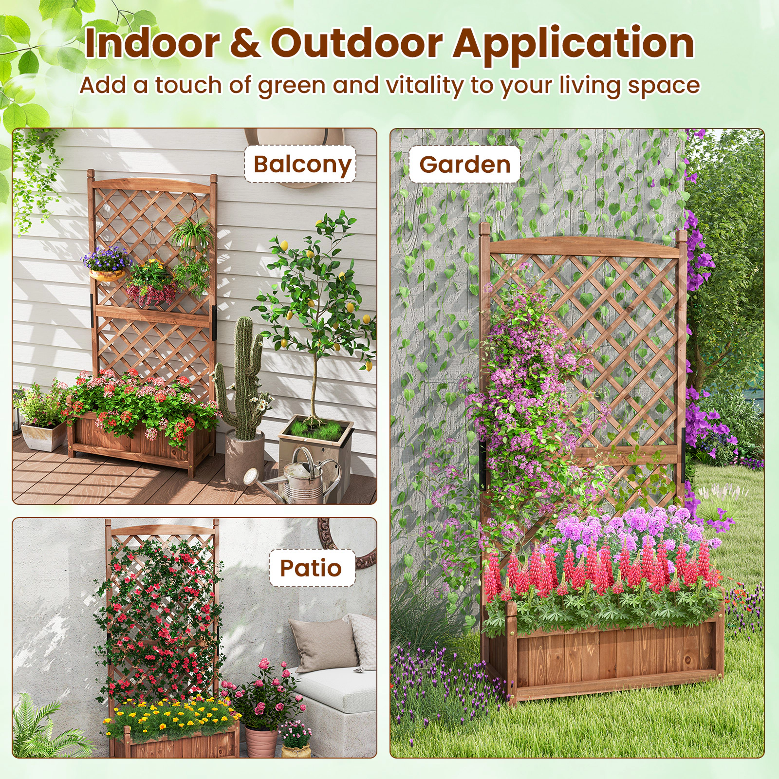 SUGIFT 60-in Tall Fir Wood Raised Garden Bed with Diamond Lattice Trellis and Removable Bottom Panels