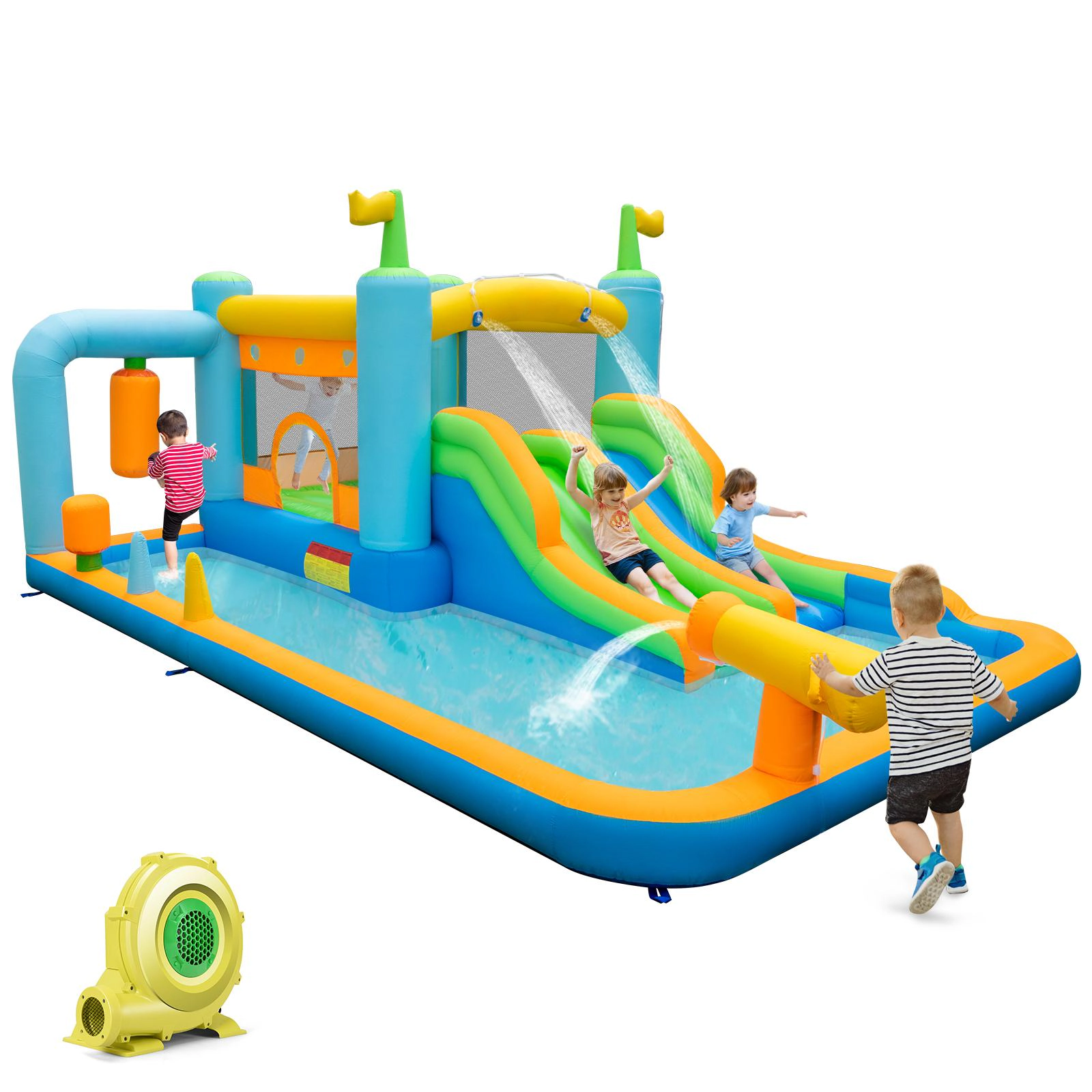 SUGIFT Dual Slides Bouncing Mat and 735W Blower for Ages 3-10 Kids Inflatable Water Slide