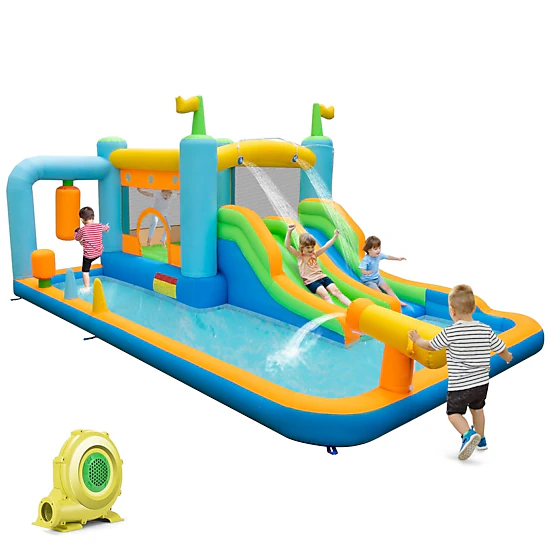 SUGIFT Multicolor Kids Inflatable Water Slide with Dual Slides Bouncing Mat and 735W Blower 16.5-ft W 11.4-ft D