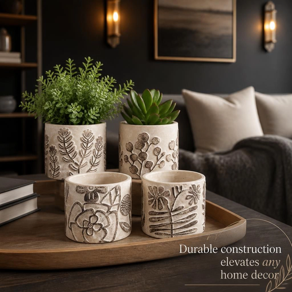 WOW PIONEER Round Low Profile Cement Planter Pot for Succulents Herbs Flowers Patio Balcony Indoor Outdoor