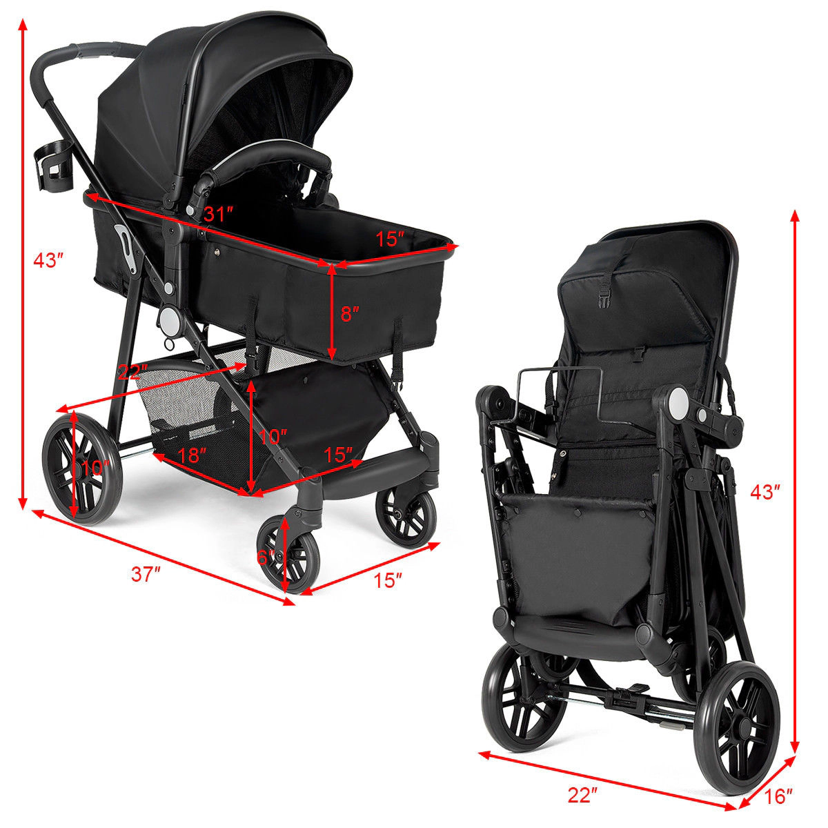 SlickBlue Baby Stroller with Adjustable Bassinet, Reversible Seat and Canopy