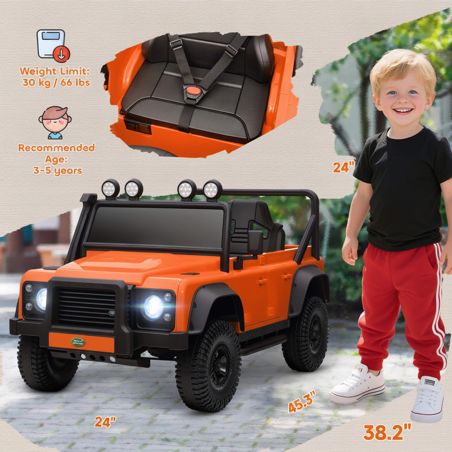 HONGGE Land Rover Defender 110 SVX Licensed Kids Electric Ride On Car with Remote Control, LED Lights, Orange