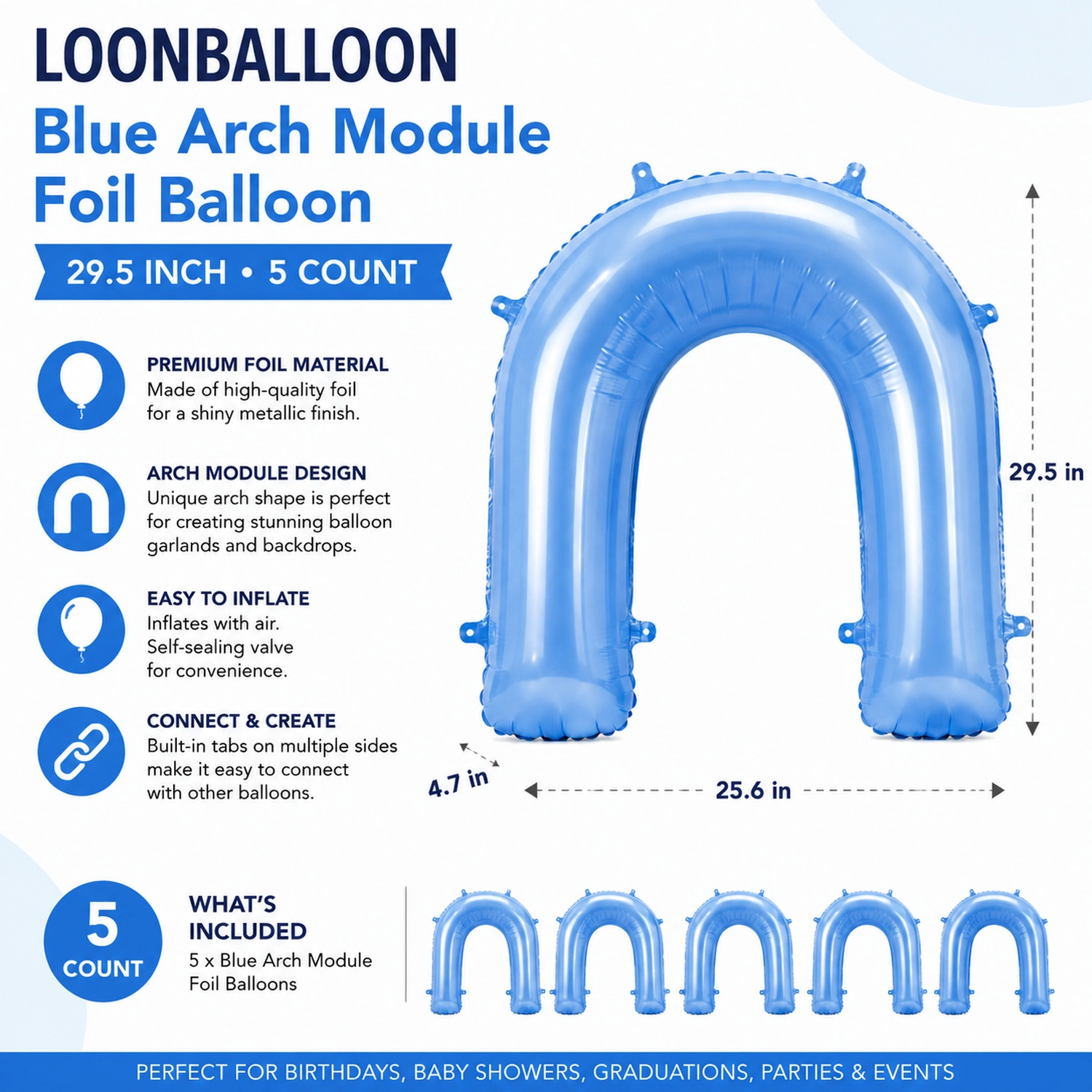 LoonBalloon 29.5 in Foil Balloon Module 5-Pack, Printed Celebration Design
