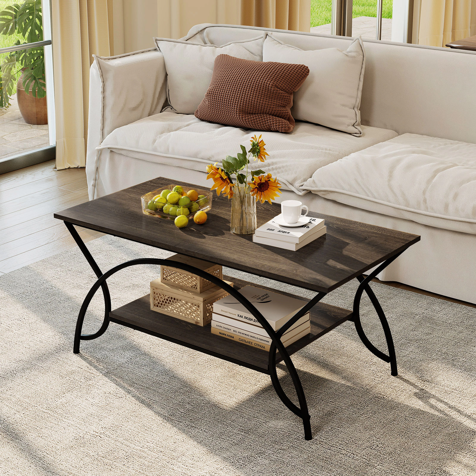 Glintex 2-Tier 39.5-Inch Faux Marble Coffee Table with Arched Metal Frame, Oak